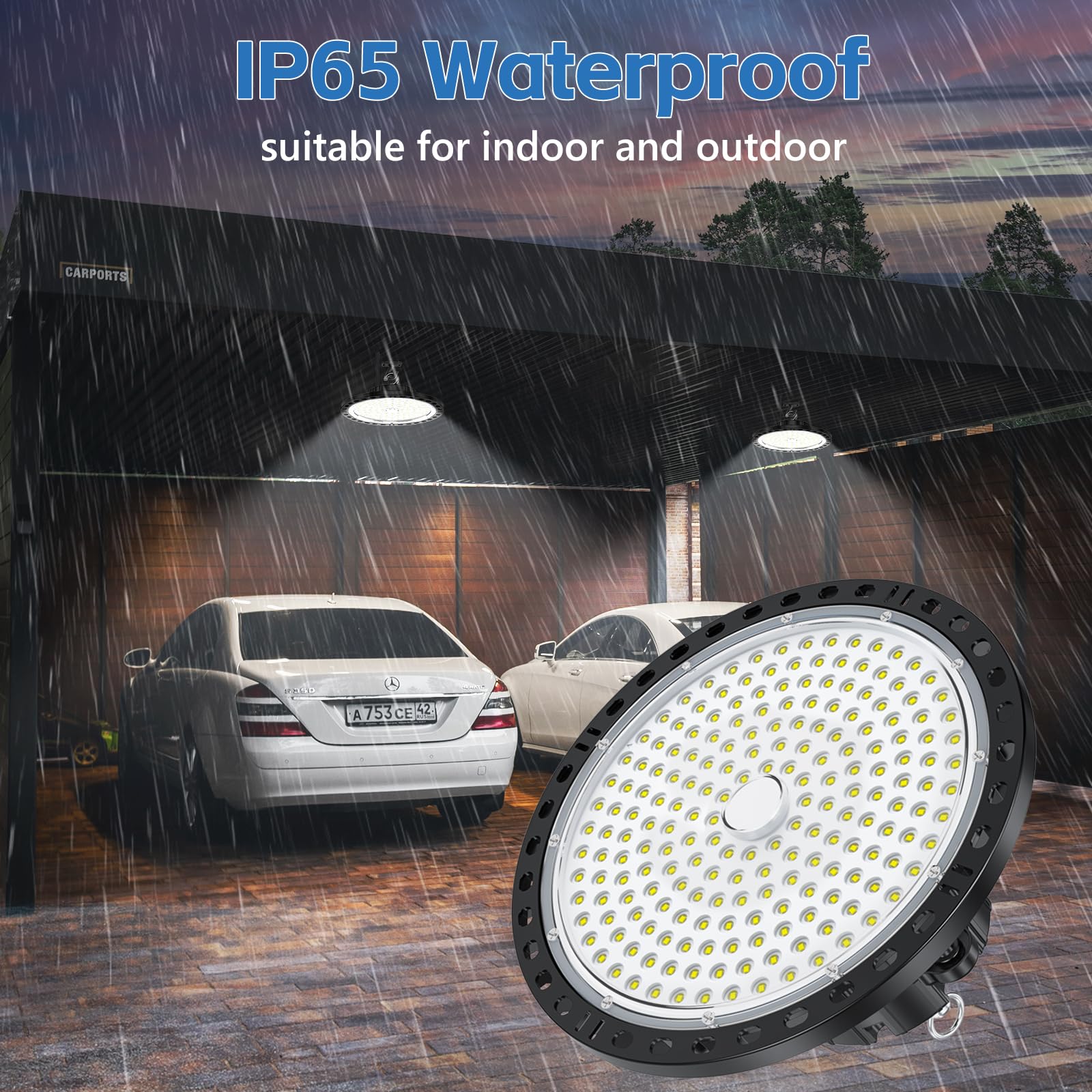 UFO Focos LED Techo - 2 Piezas 200W 20000LM Lampara Industrial Techo con Transformador LED, IP65 Impermeable 6500k Blanco Frío Luces de Garaje para Garaje, Fábrica, Taller, Granero, Tienda