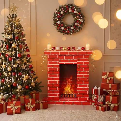 Miniatura 6 de Chimenea de cartón navideño de 35.5 x 31.5 x 8 pulgadas, chimenea corrugada falsa con accesorios fotográficos de fuego, cartón de tamaño real 3D,