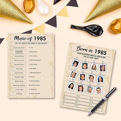 Miniatura 5 de Juegos de fiesta de cumpleaños número 40, paquete de juegos nacidos en 1983, juego de 5 actividades para 10 invitados, suministros de fiesta de