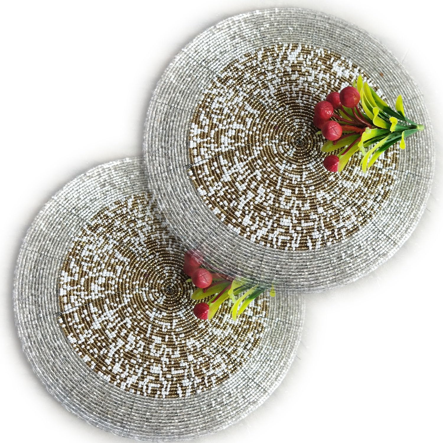 CANVASS®- Handcrafted Beaded Round Small PlaceMat Coasterfor Dinning Table,Pan,Hot Dishes and Pots Set of -2 (8 X 8 Inches Inches) (Silver Mixed)-image-36