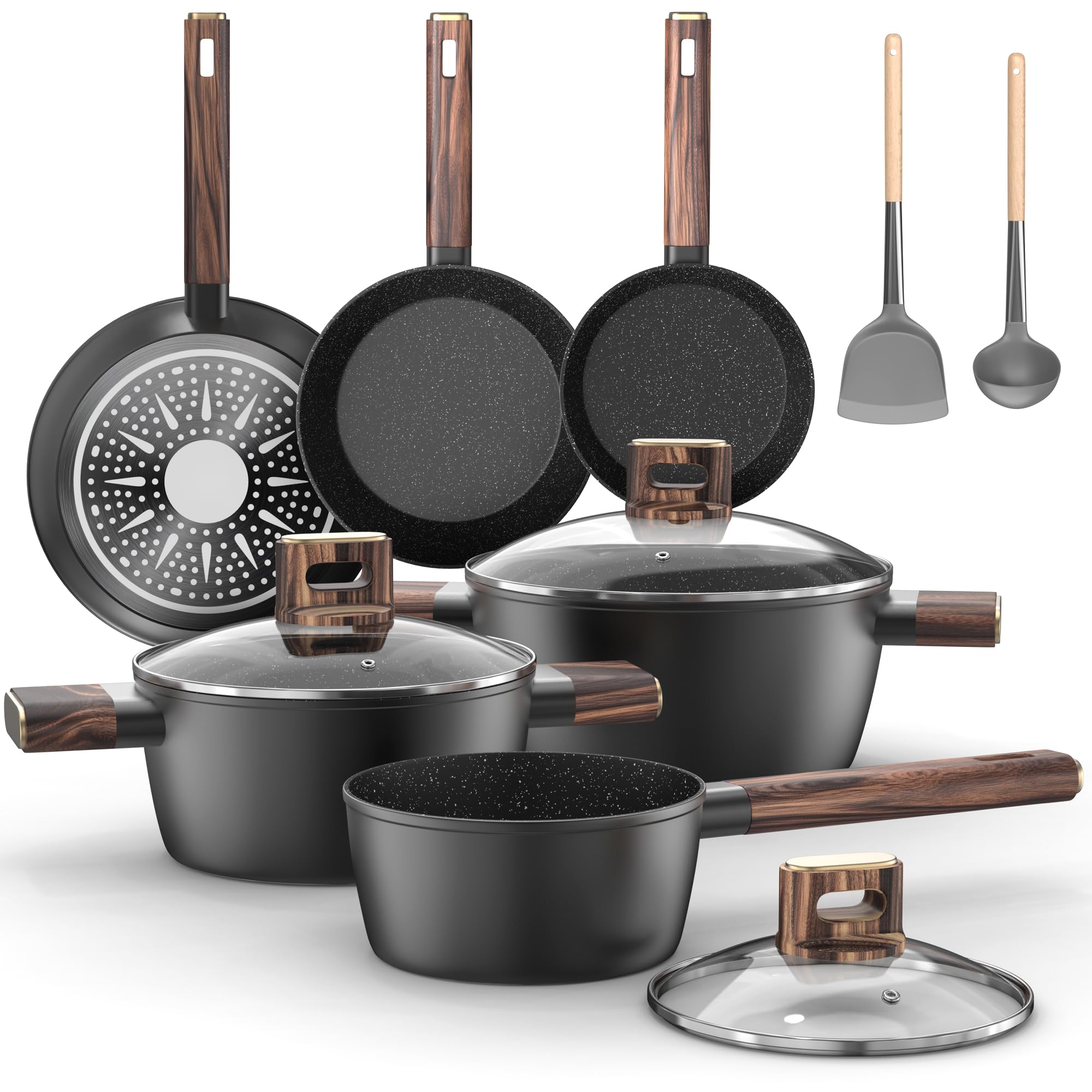 Batería de Cocina - 11Piezas Juego de Ollas y Sartenes Aluminio Antiadherente, Sartene de 20cm y 28cm, Wok de 24cm, Cacerola de 16/20/24 cm con Tapas, para Todas las Cocinas, Inducción Topbooc