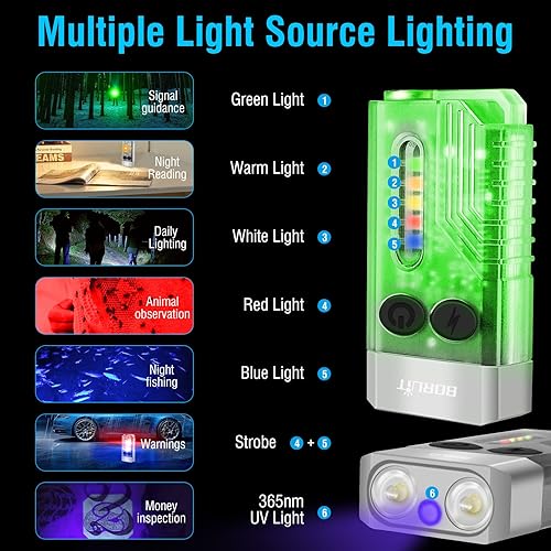 Vista 18 de BORUIT V10 - Llavero pequeño y potente con luz UV UV de 365 nm, luz LED EDC de alto lúmenes, recargable con USB C, 14 modos, imán de cola, sonido