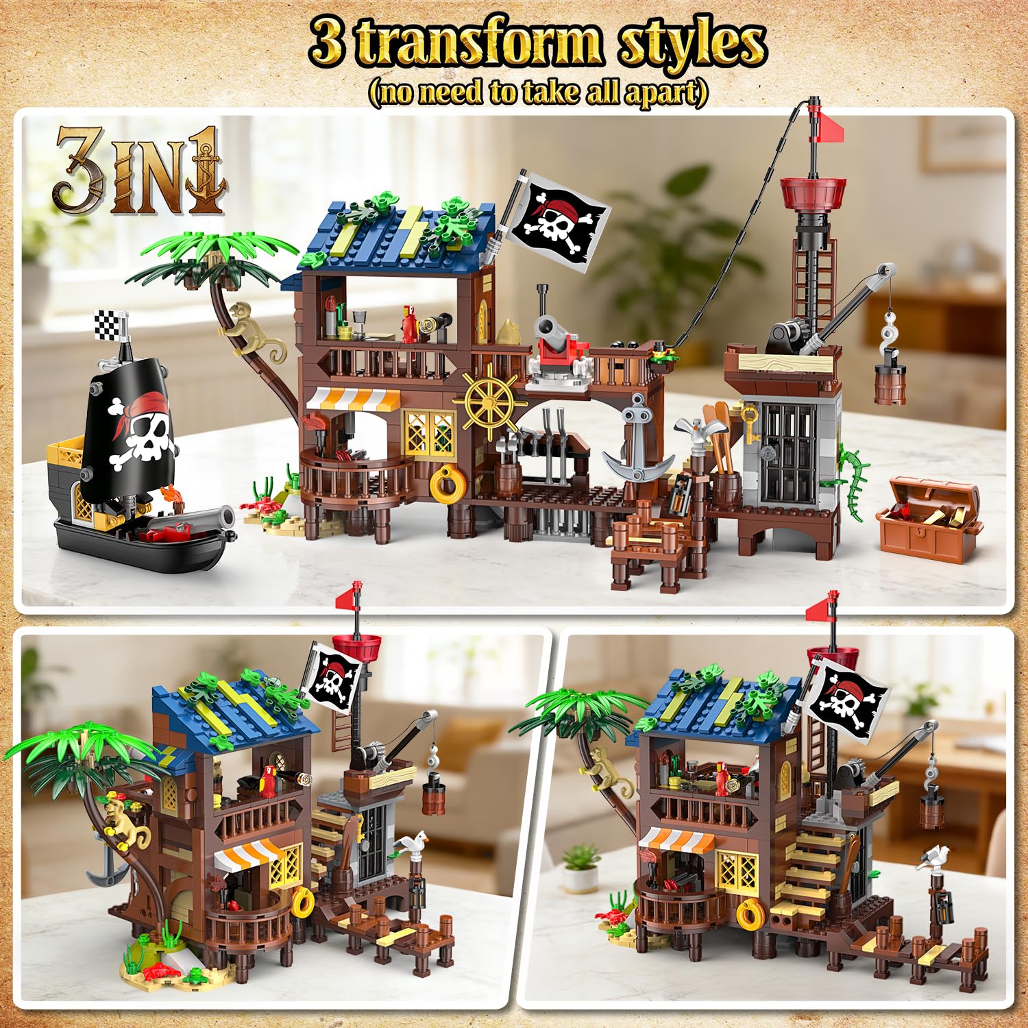 HOGOKIDS Set di costruzioni Porto dei Pirati LED, 3 modalità di visualizzazione, Nave dei Pirati, Giocattolo di costruzione creativo STEM, compleanno per bambini dai 6 ai 12 anni