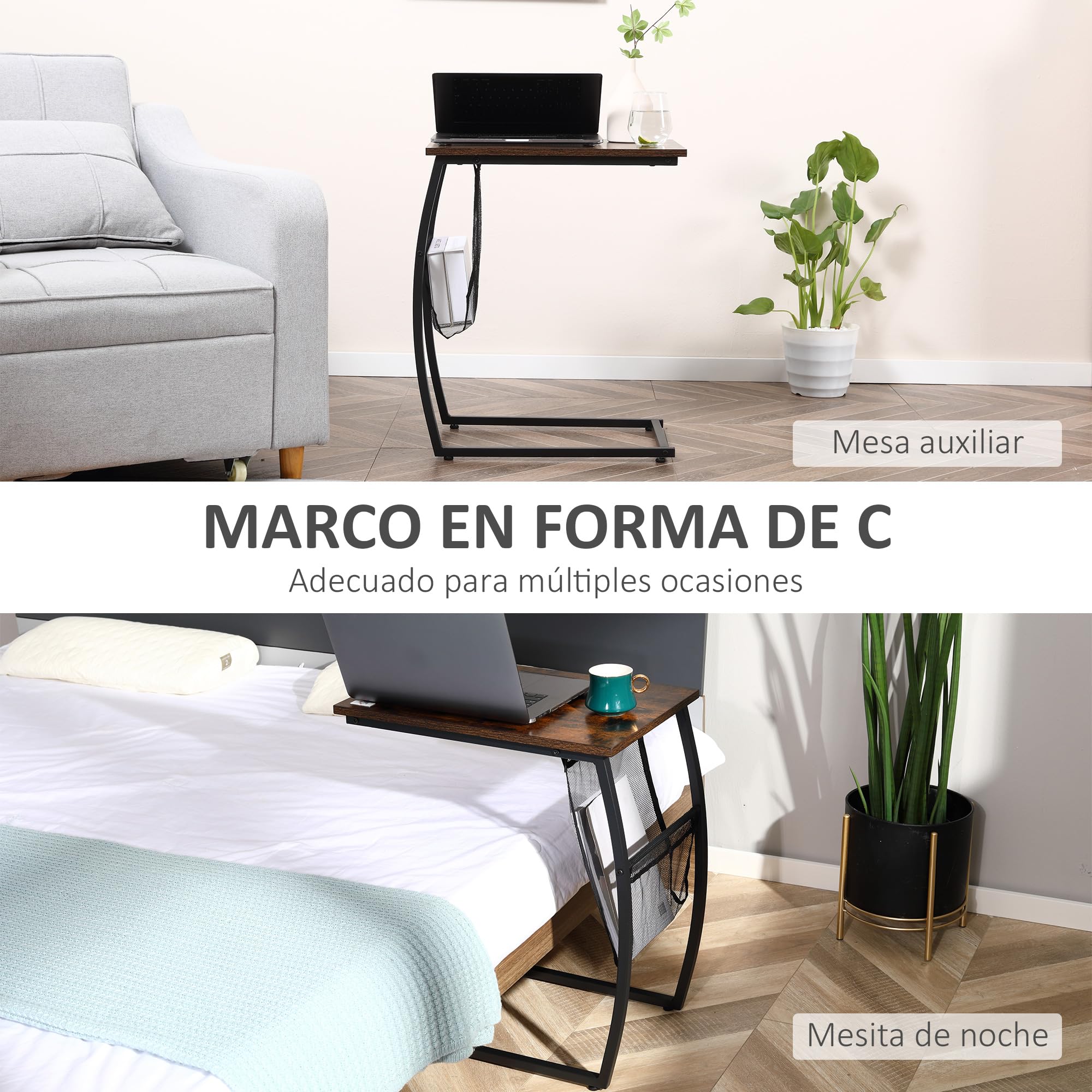 HOMCOM Mesa Auxiliar para Sofá y Cama Pequeña 53x35x64,5 cm Marrón Rústico