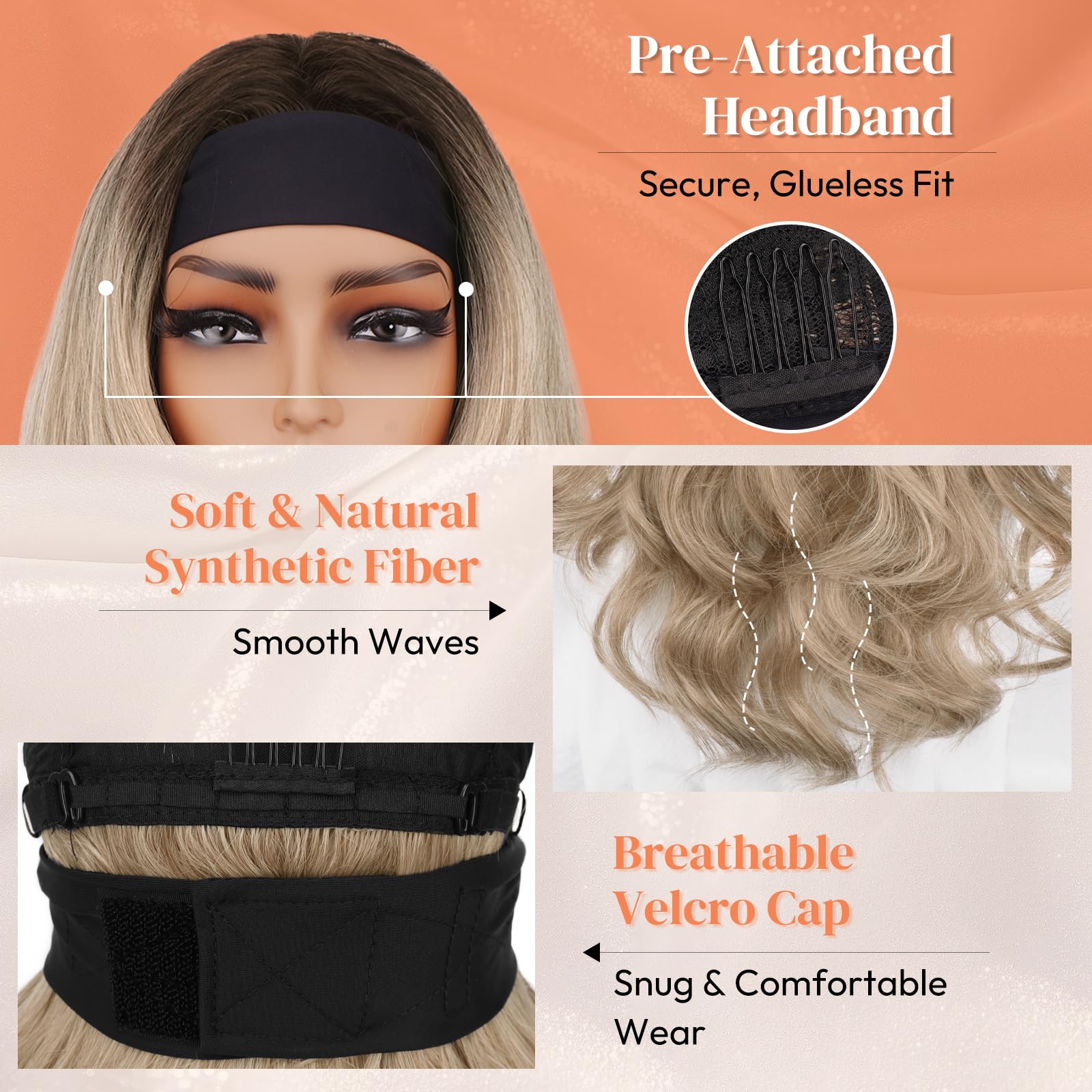 BARSDAR Ombre Blond Gewellte Stirnband Perücke, 66cm Lange Lockere Gewellte Synthetisches Stirnband Perücke für Frauen - Kleberlos Leichtes Natürliches Aussehen Einfaches Tragen Stirn Band Perücken