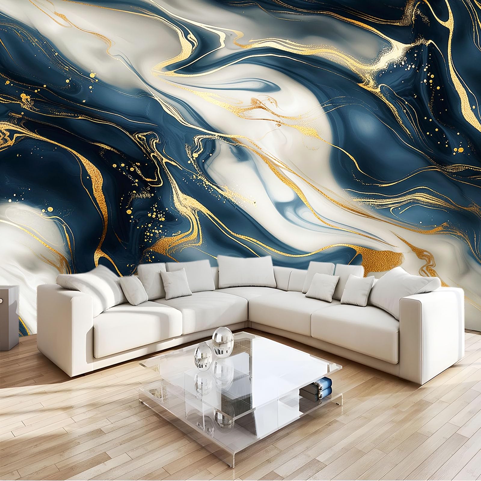 Papier peint intissé bleu marine 300 x 210 cm avec fresque murale panoramique effet marbre or