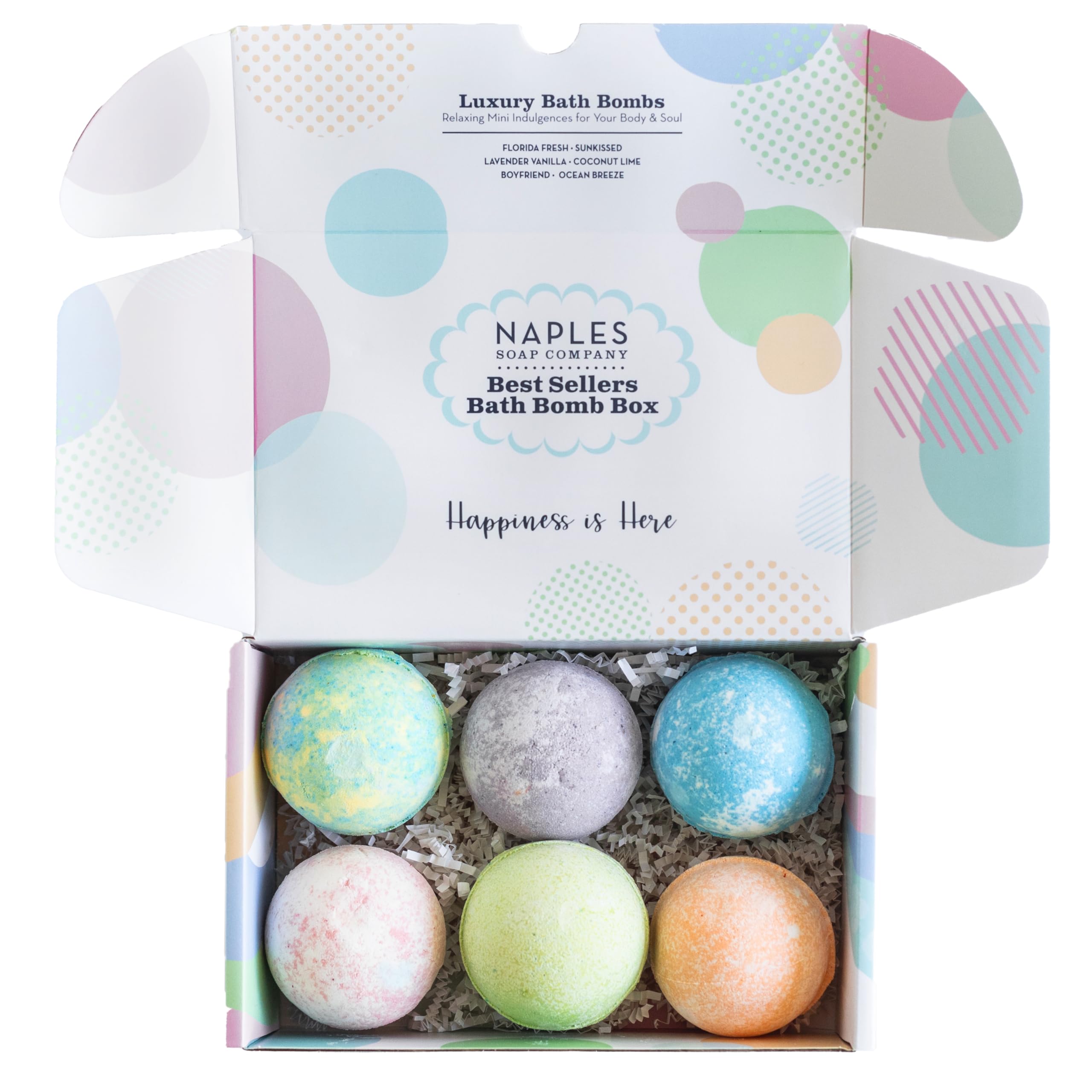 Naples Soap Company Epsom Salt, Cocoa Butter & Shea Butter Aromatherapy Bath Bomb Variety Box in Relaxing and Uplifting Scents, Set of 6 Bath Bombs