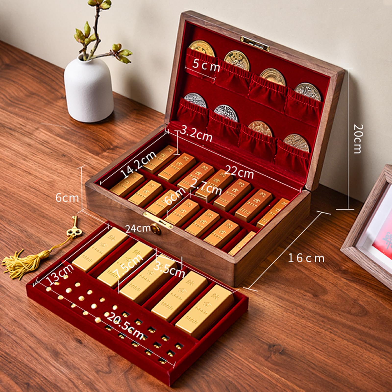 Caja expositora de monedas, organizador de almacenamiento de madera con divisor de terciopelo y bandeja multiranura para lingotes y monedas conmemorativas