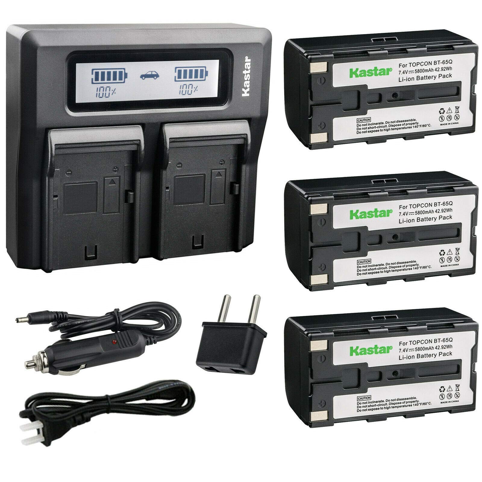 Kastar Battery 3 Pack and LCD Dual Fast Charger for Topcon BT-65Q, Topcon BC-30 BC-30D BT-30, Topcon Total Stations FC-200 FC-2200 FC-2500 GPT-7000i GTS-750 GTS-751 GPT-7500 GTS-900 GPT-9000
