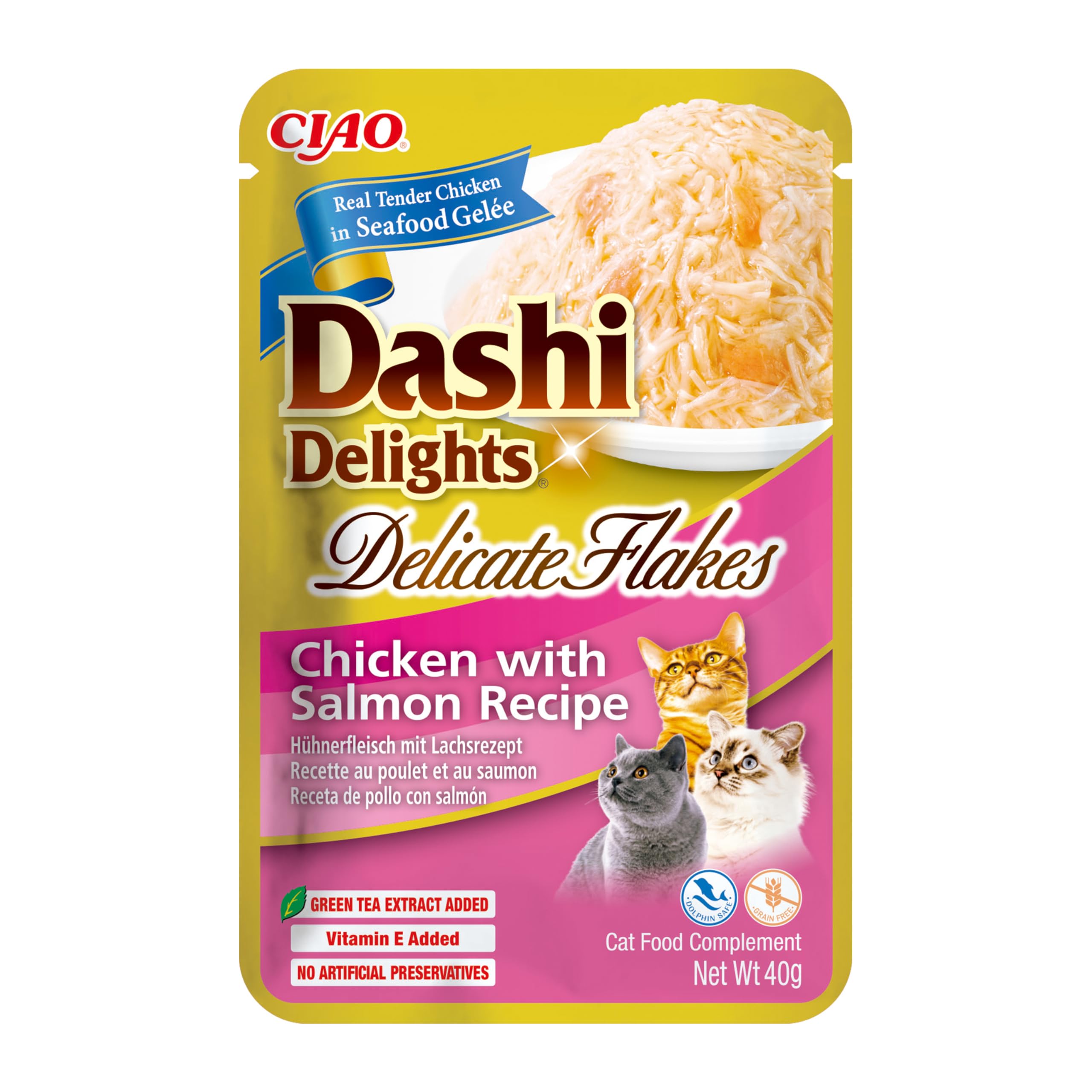 INABA Dashi Delights Delicate Flakes, Wet Food for Cats with Chicken and Salmon, Flakes in Fish Broth, Rich in Protein, Natural Ingredients, Complementary Meal, 1 Pack of 40g