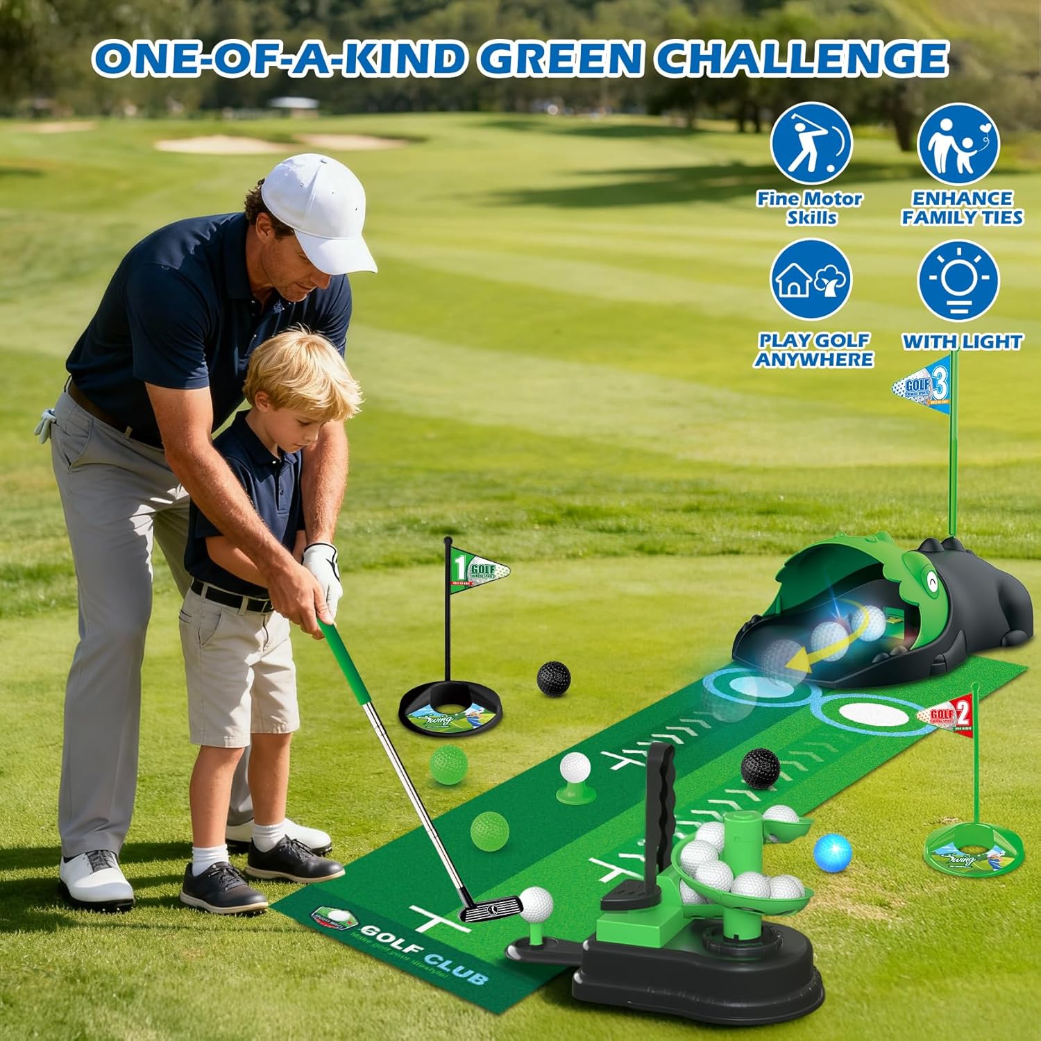 Upgraded Kids Toy Golf Set, 3 in 1 Golf Toys with Dinosaur Automatic Ball Returner & Ball Launcher Led Light Up Balls, Mini Golf Toy for Ages 3-8, Indoor Outdoor Sports Gift for Boys Girls