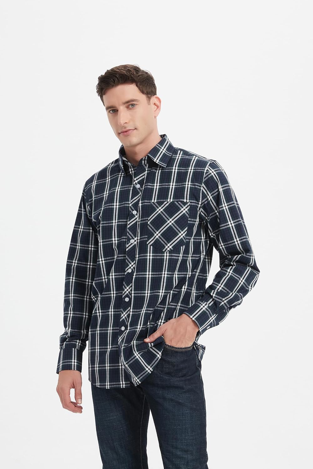 JupiterSecret Men's Plaid Button Down Shirts Cotton Long Sleeve Dress Shirt Business Shirts with Pocket - Image 2