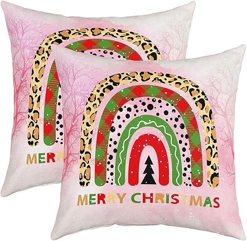 Manfei Funda de almohada navideña de arcoíris de 16 x 16 pulgadas, estampado de leopardo rojo y verde a cuadros de doble cara para sofá, cama, sofá,