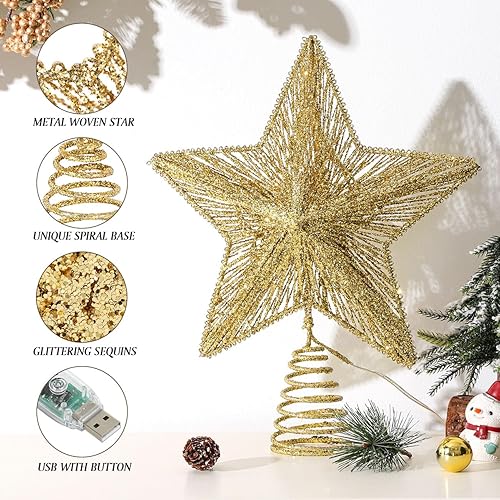 Miniatura 17 de Lewondr Decoración para árbol de Navidad, control remoto alimentado por USB, temporizador de 6 horas, estrella de árbol controlada con luces y Plata