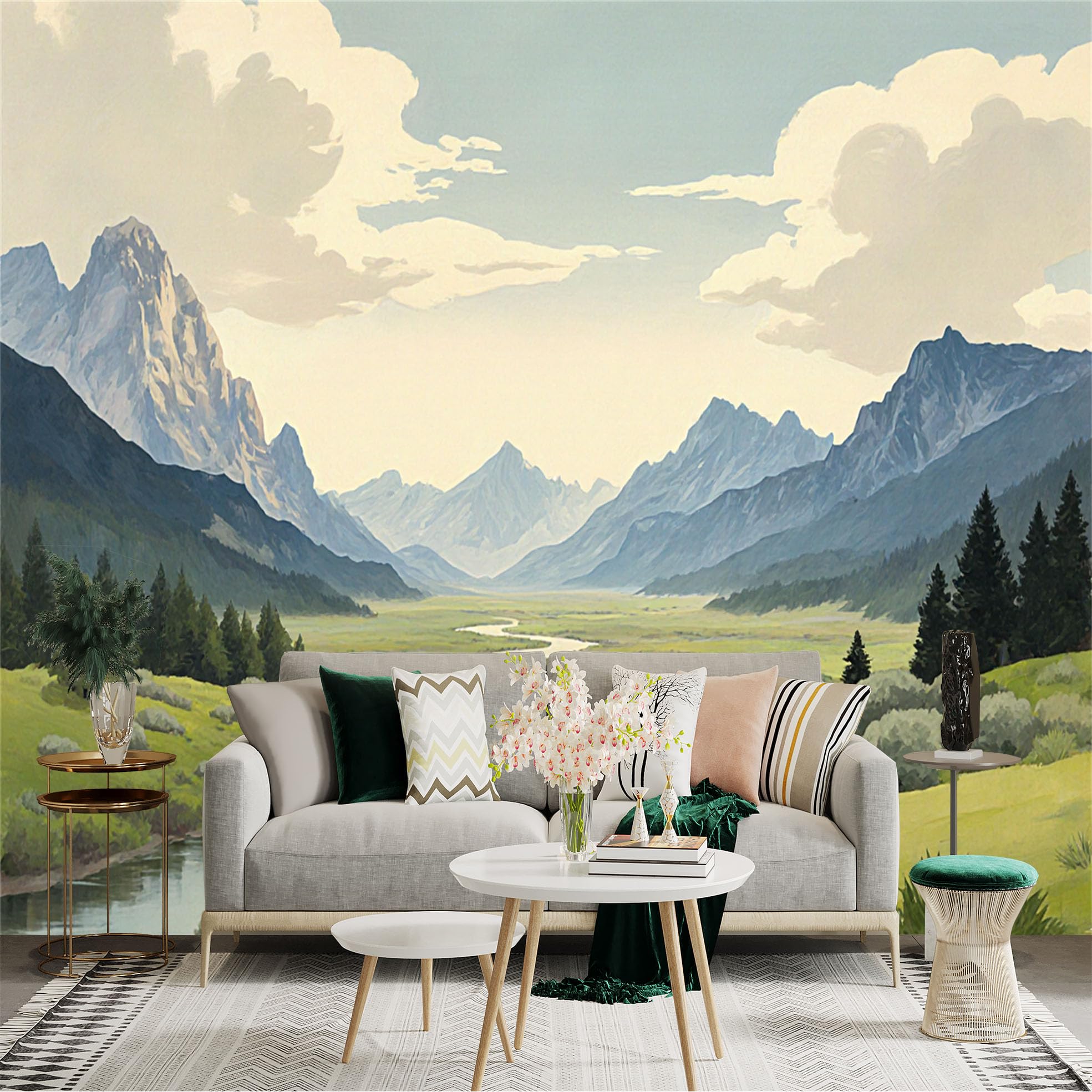 Lnzczhyre Xc260505448 Custom Size Wall Sticker Mural， Serene Alpine Mountain Valley， Winding River Through Meadows， Majestic Peaks And Forest Landscape， For Wall Decoration， Peelandstick Wall Decals.