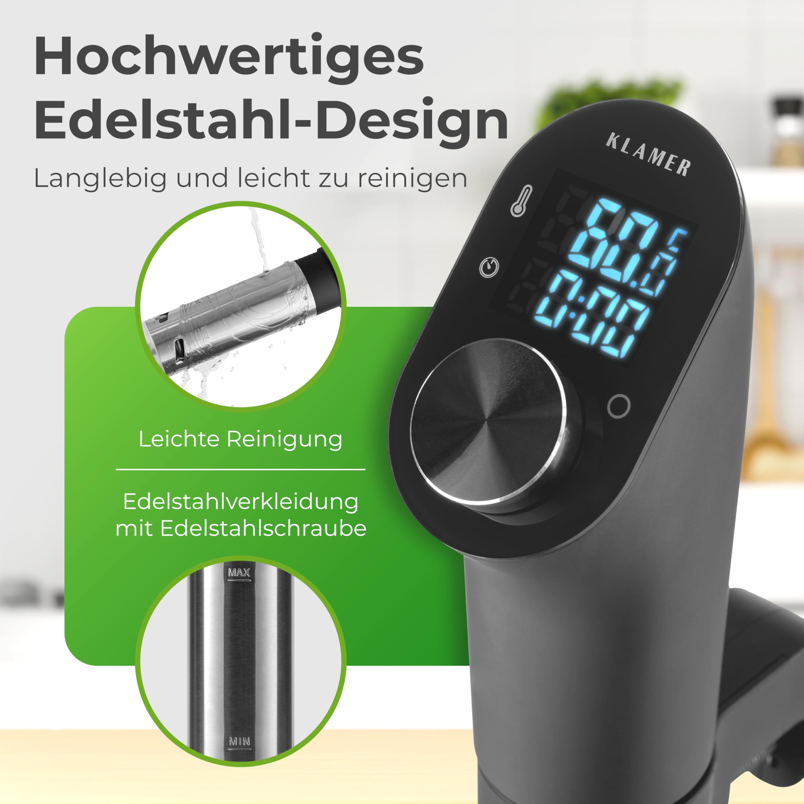 KLAMER Sous Vide Stick, 1200 Watt IPX7 wasserdichter Sous Vide Garer mit 3D Zirkulation und 20-95℃ Temperaturregelung, Schongarer Timerfunktion und LED Display