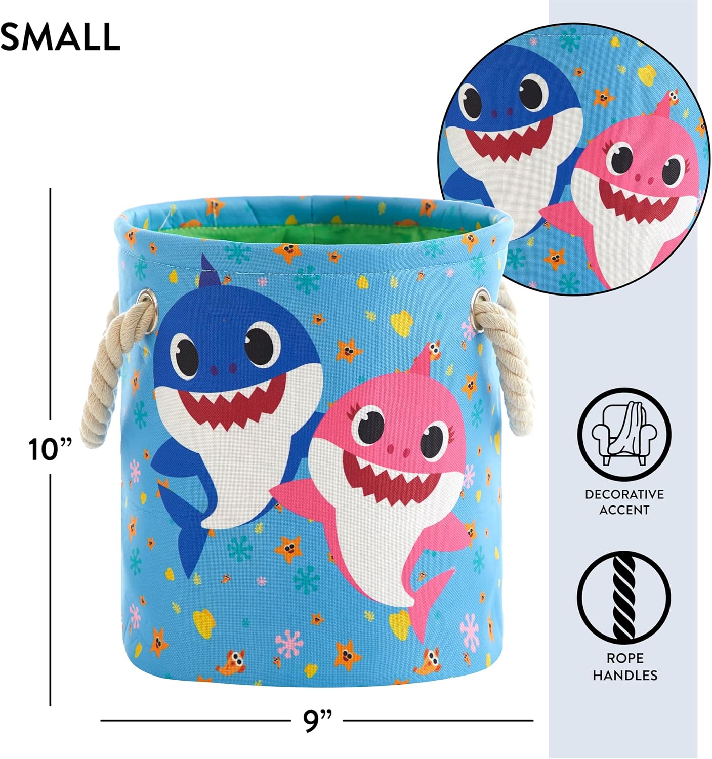 Baby Shark 3 Piece Multi Size Fabric Nestable Toy Storage Basket Set, with Rope Carry Handles
