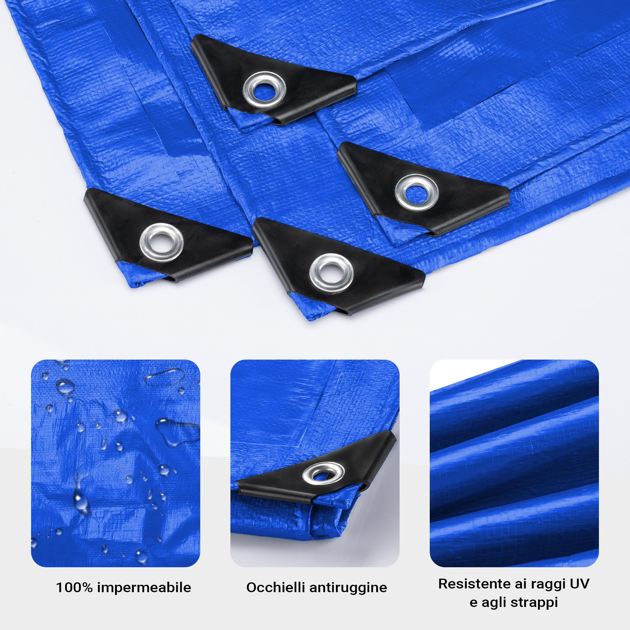 Wiltec Telone occhiellato blu 7 x 6 m resistente alle intemperie e a raggi UV, impermeabile, robusto telo di protezione in poliestere 240 g/m² con rivestimento in PVC