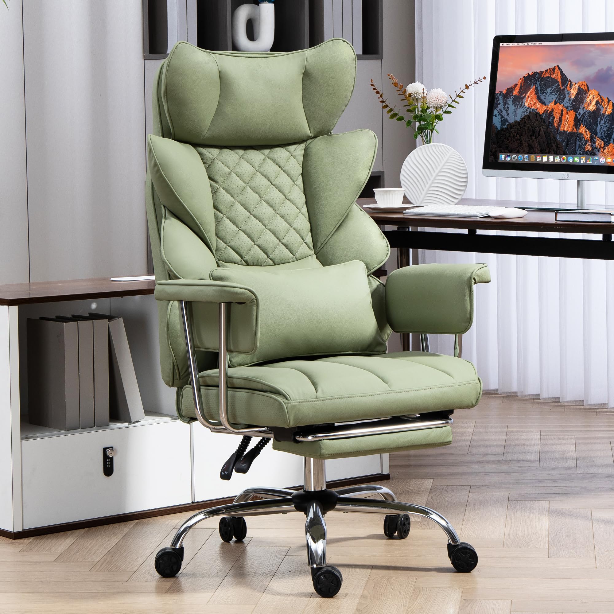 Silla de Oficina con Reposapiés - Silla Ergonómica para Gaming y Ejecutivos, con Giro de 360°, Respaldo Ajustable de 90°-135° y Reposabrazos Suaves para Máxima Comodidad (Verde)