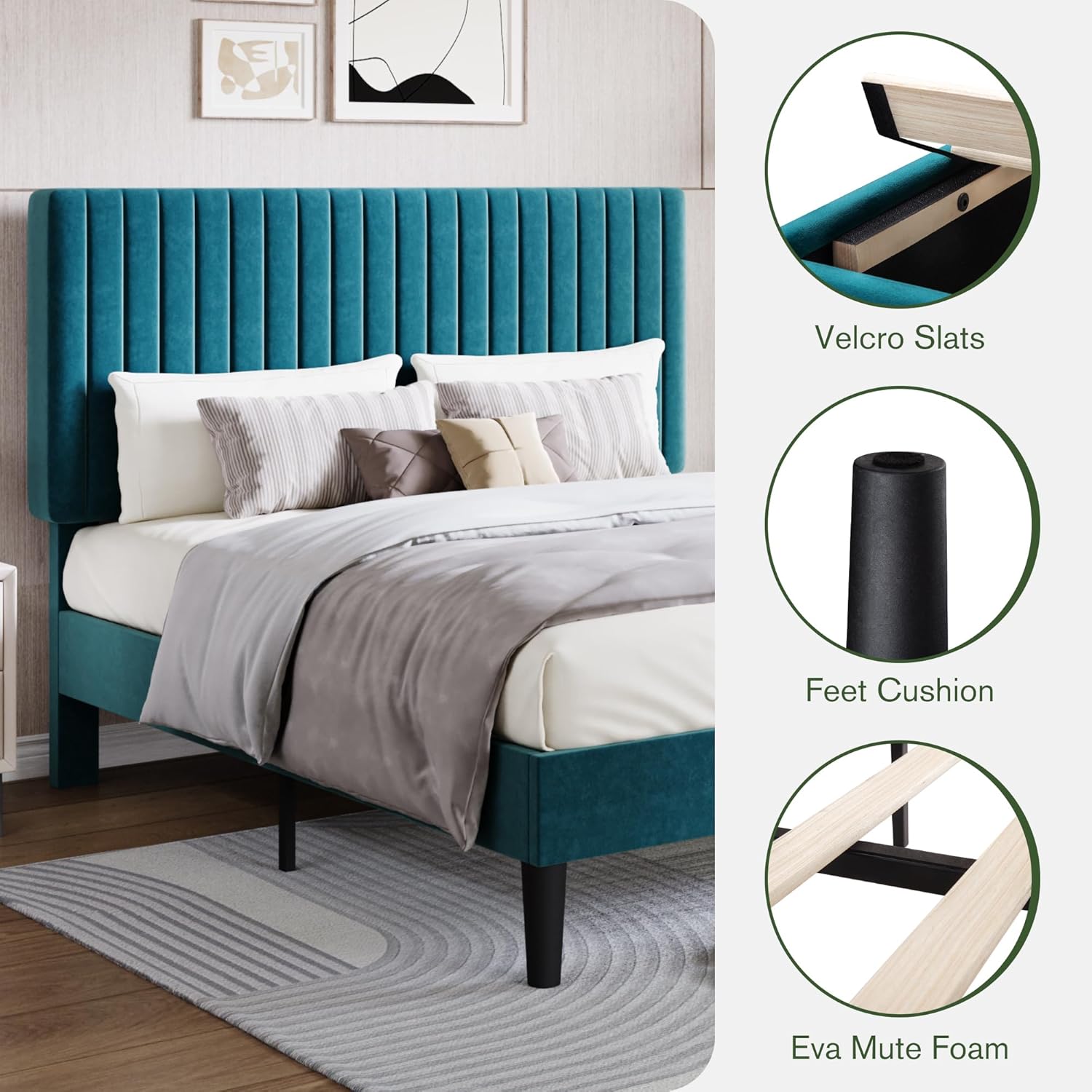 MUTICOR Queen Size Bed Frame, Velvet Upholstered Platform Bed with Vertical Channel Tufted Headboard, Modern Style, Strong Wooden Slats, Box Spring Optional, Easy Assembly,Teal