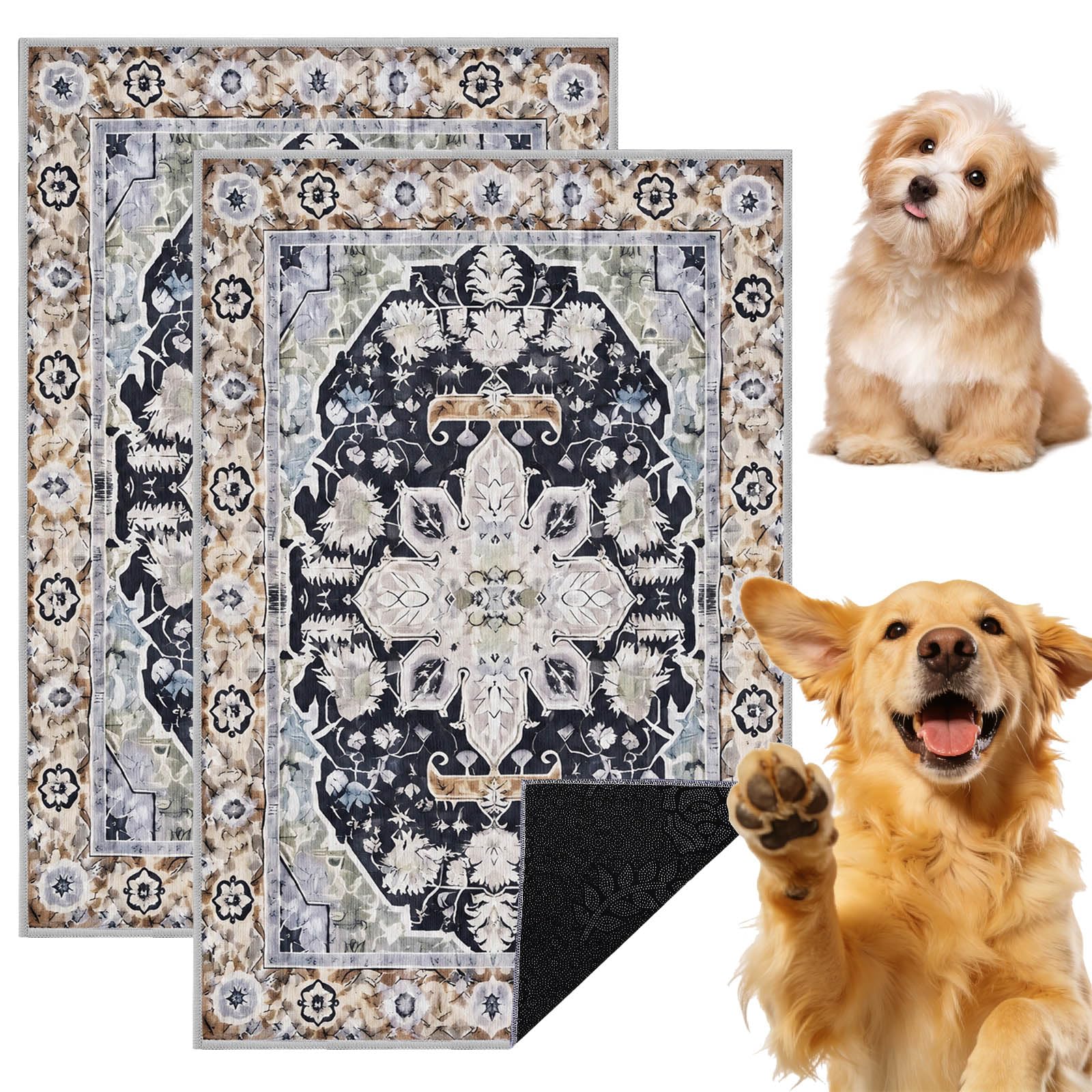 Washable Puppy Pads, 2 Pack 60x90cm Homeware Rugs, Bohemian Dog Rug for Bedroom Living Room, Absorbent Reusable Puppy Pads with Blue Patterns for Potty Training, Couch, Bed and Crate, Vintage Rug