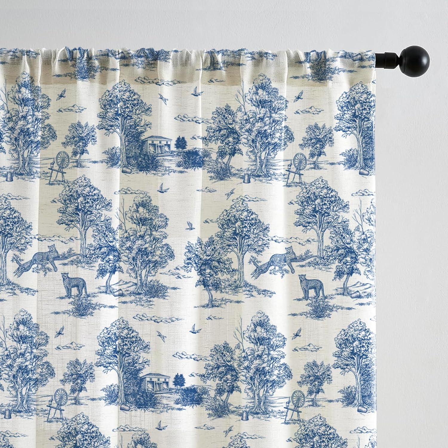 LOVOUS Vintage Blue Toile Curtains 84 Inch Length Linen Toile de Jouy Light Filtering French Country Window Curtain for Living Room Bedroom Rod Pocket Victorian Window Treatments Drapes,2 Panels Set