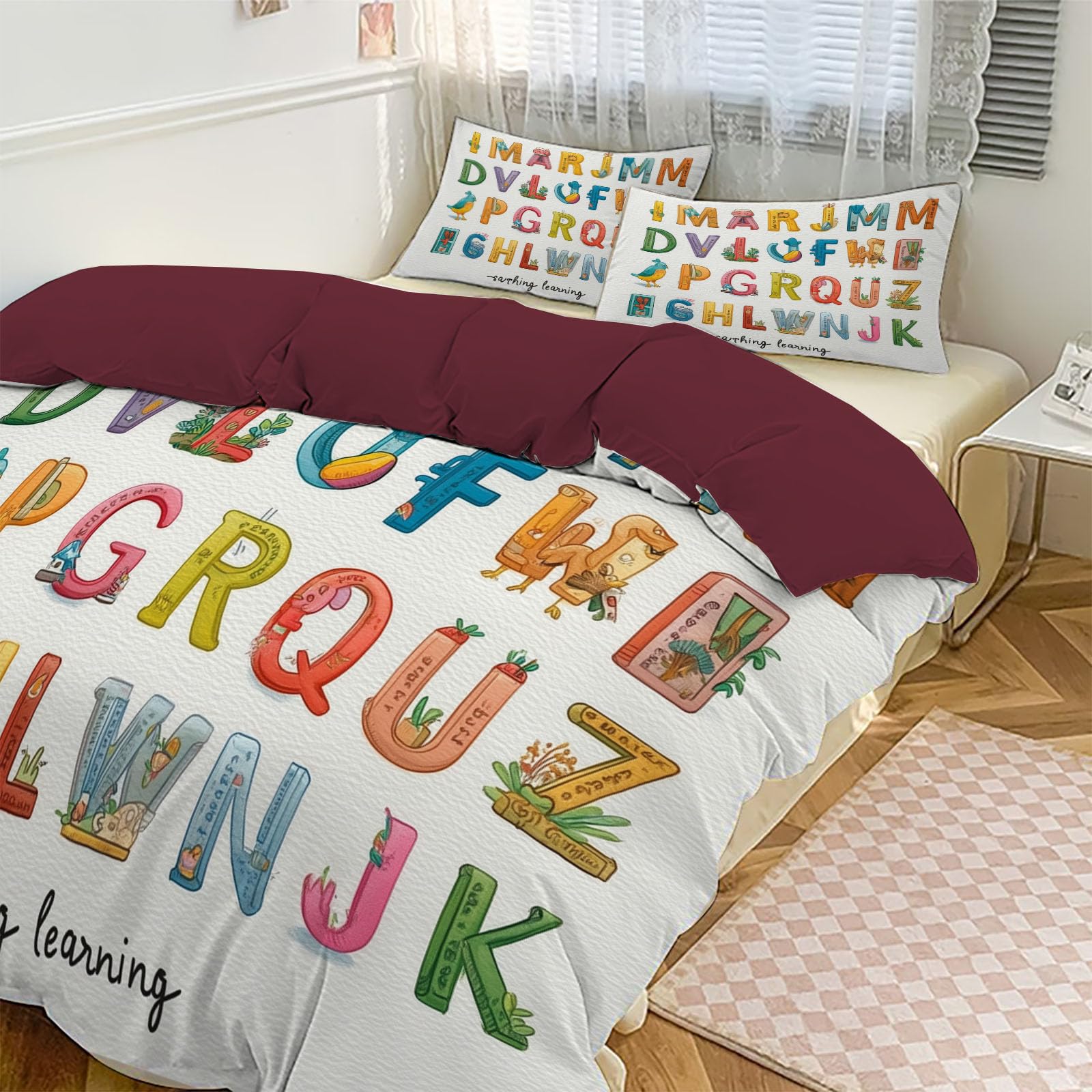 Parure de lit 220x240cm pour enfant avec housse de couette lettres et taie d'oreiller