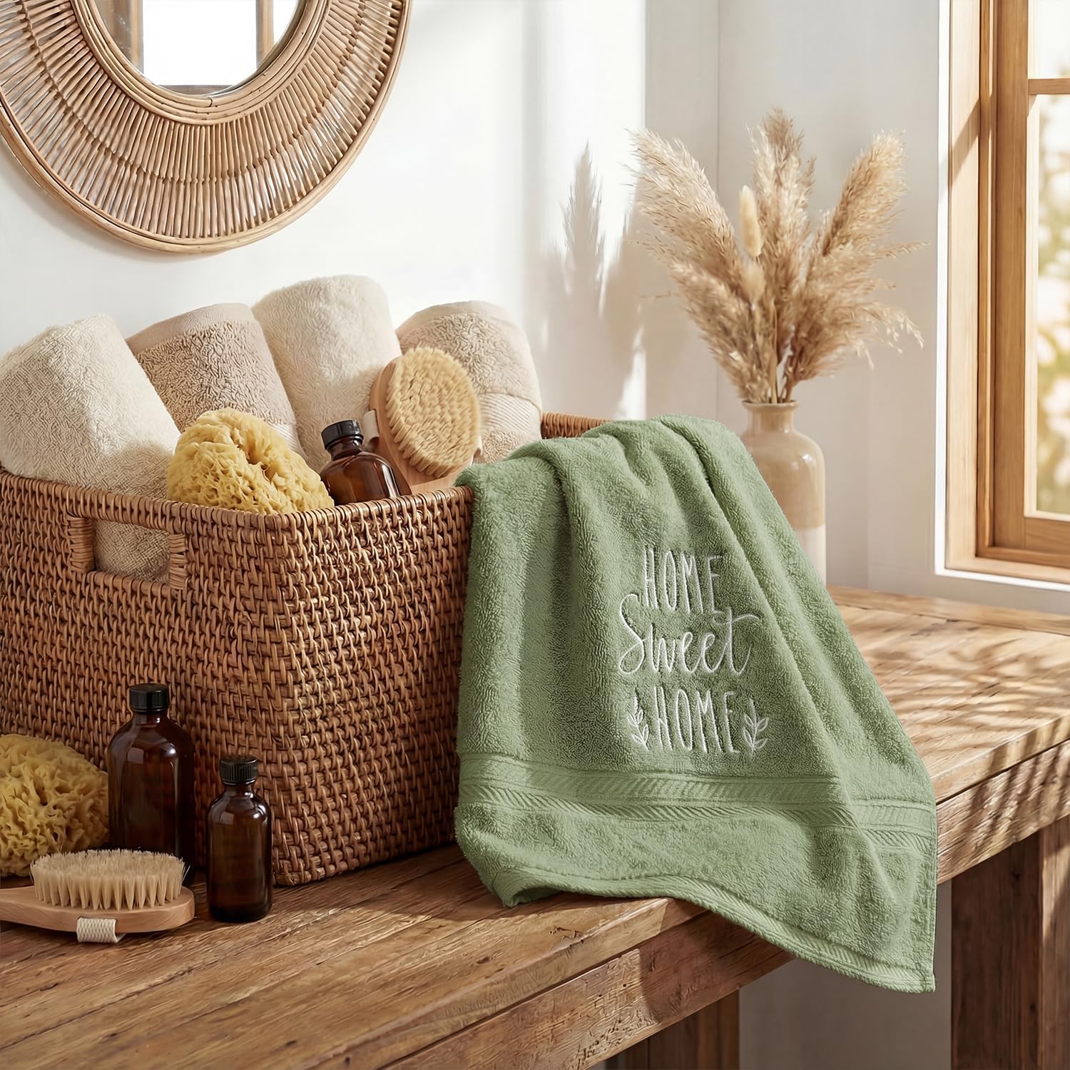 Artoid Mode 2 Pcs Sage Green Home Sweet Home Embroidered Hand Towels for Bathroom, Cotton Soft Absorbent Farmhouse Decor Towels, 13.7 x 29.5 Inch