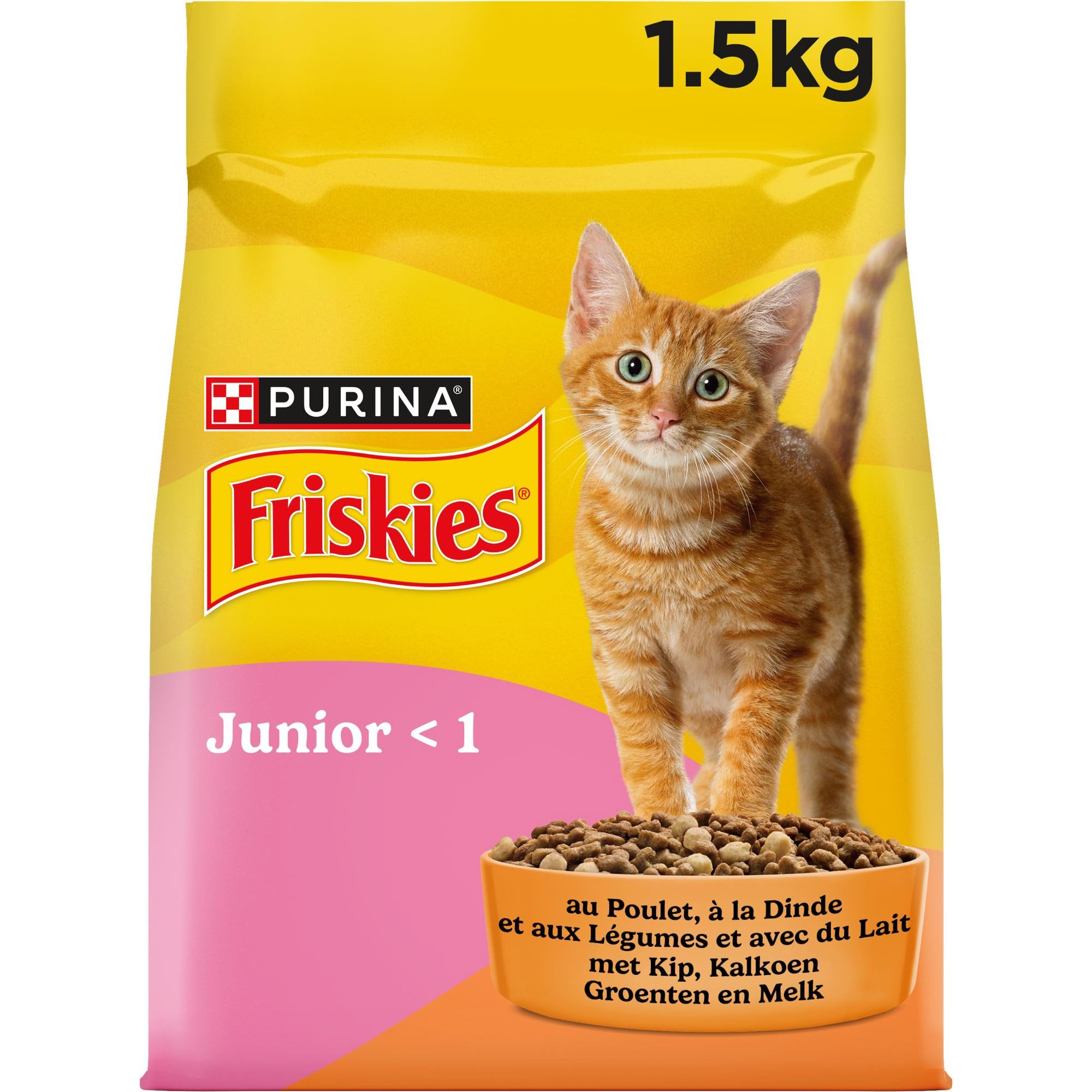 FRISKIES | JUNIOR | Chat | Croquettes complètes pour Chatons| Au Poulet, au Lait et aux Légumes | Aliment complet pour une croissance saine du chaton | Sac | 1,5 KG