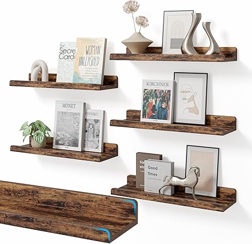 Juego de 6 estantes flotantes de color marrón rústico de 16 pulgadas para pared, estante de madera rústica para decoración de habitaciones,