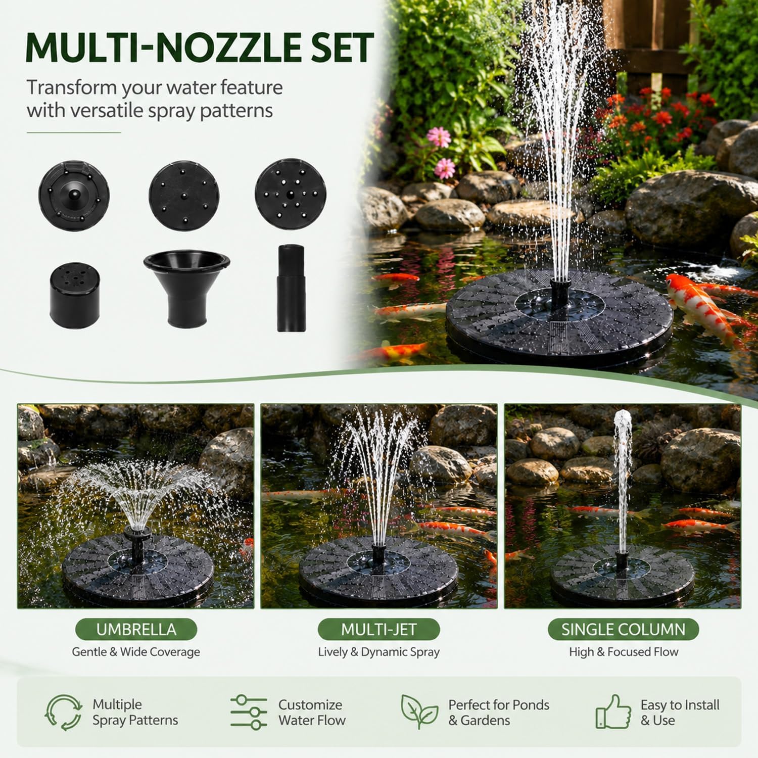 Pompa a fontana galleggiante a energia solare con 6 ugelli multipli - Non richiede elettricità, adatta per laghetti, vasche per uccelli e fontane da giardino, ideale per giochi d'acqua all'aperto