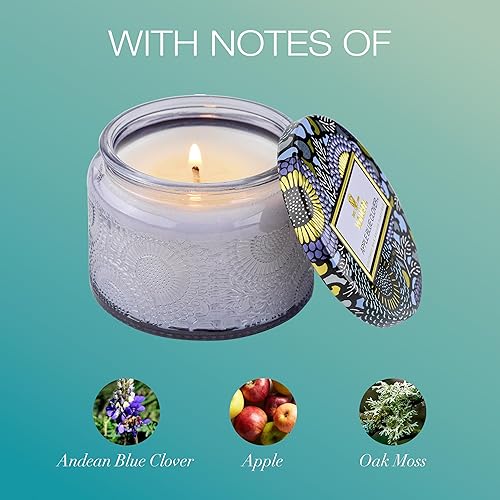 Miniatura 3 de Voluspa Vela de trébol azul de manzana, tarro pequeño de vidrio en relieve, 3.2 onzas, tiempo de combustión de 25 horas, vegano, cera de coco y