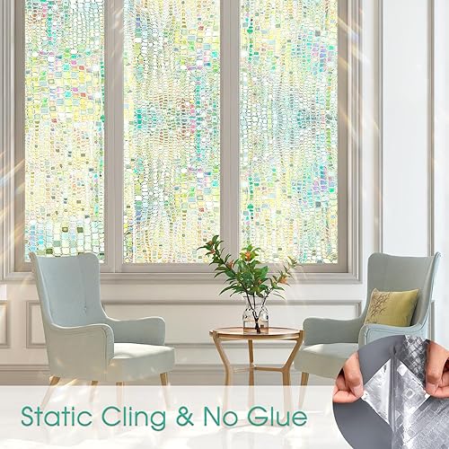 Miniatura 4 de Beautysaid Película de privacidad para ventana, vitral, prisma arcoíris 3D, adhesivos estáticos, bloqueo de calor, tinte de ventana anti-UV,