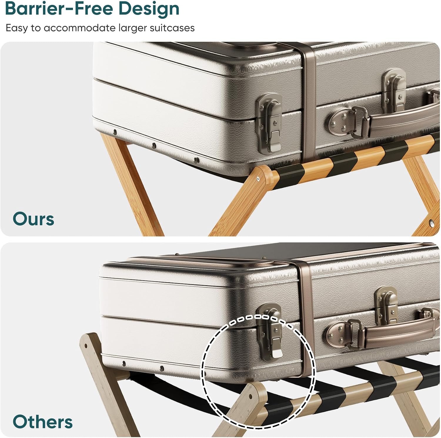 2 Pack Bamboo Luggage Racks, Folding Suitcase Stands with Nylon Straps and Oxford Fabric Shelf, for Guest Room, Hotel, Bedroom, Natural