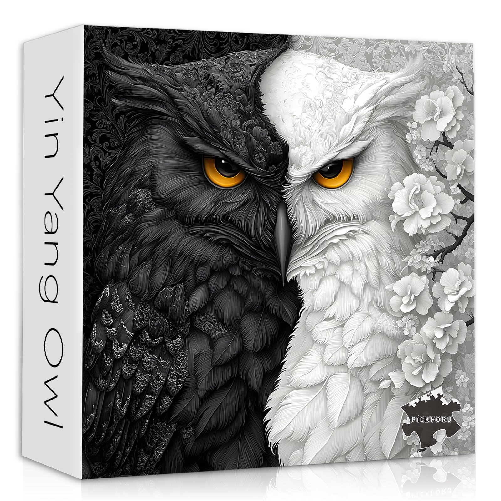 Yin Yang Owl Puzzle for Adults 1000 Pieces，Black and White Puzzles Owl Flowers, Impossible Difficult Hard Bird Jigsaw Puzzle, Animal Floral Art Challenge Puzzle Aesthetic
