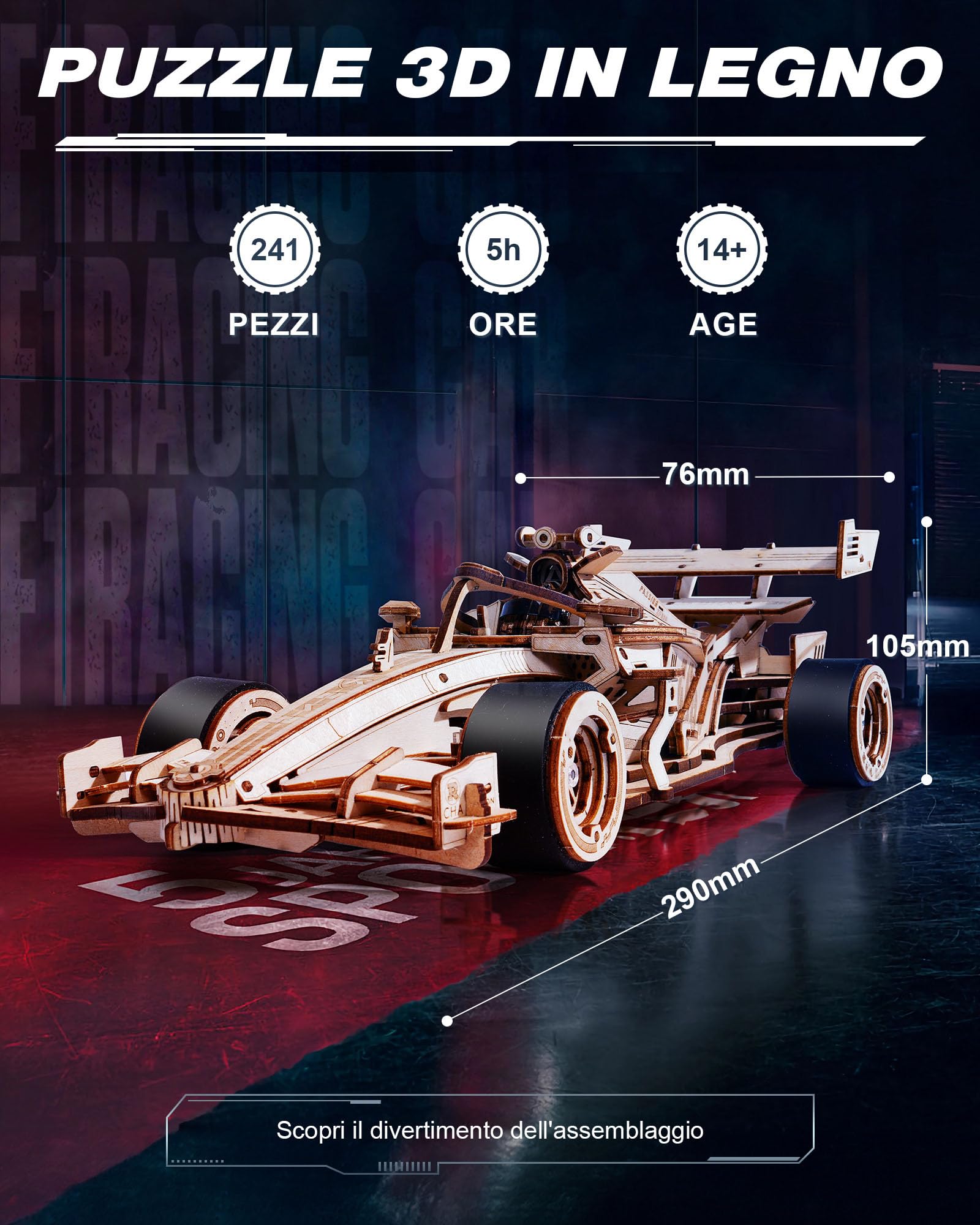ROBOTIME Auto da Corsa Modello 3D in Legno a Carica, LK505 | 247 pezzi, Differenziale planetario, Sterzo regolabile a 45°, Scatola sonora meccanica