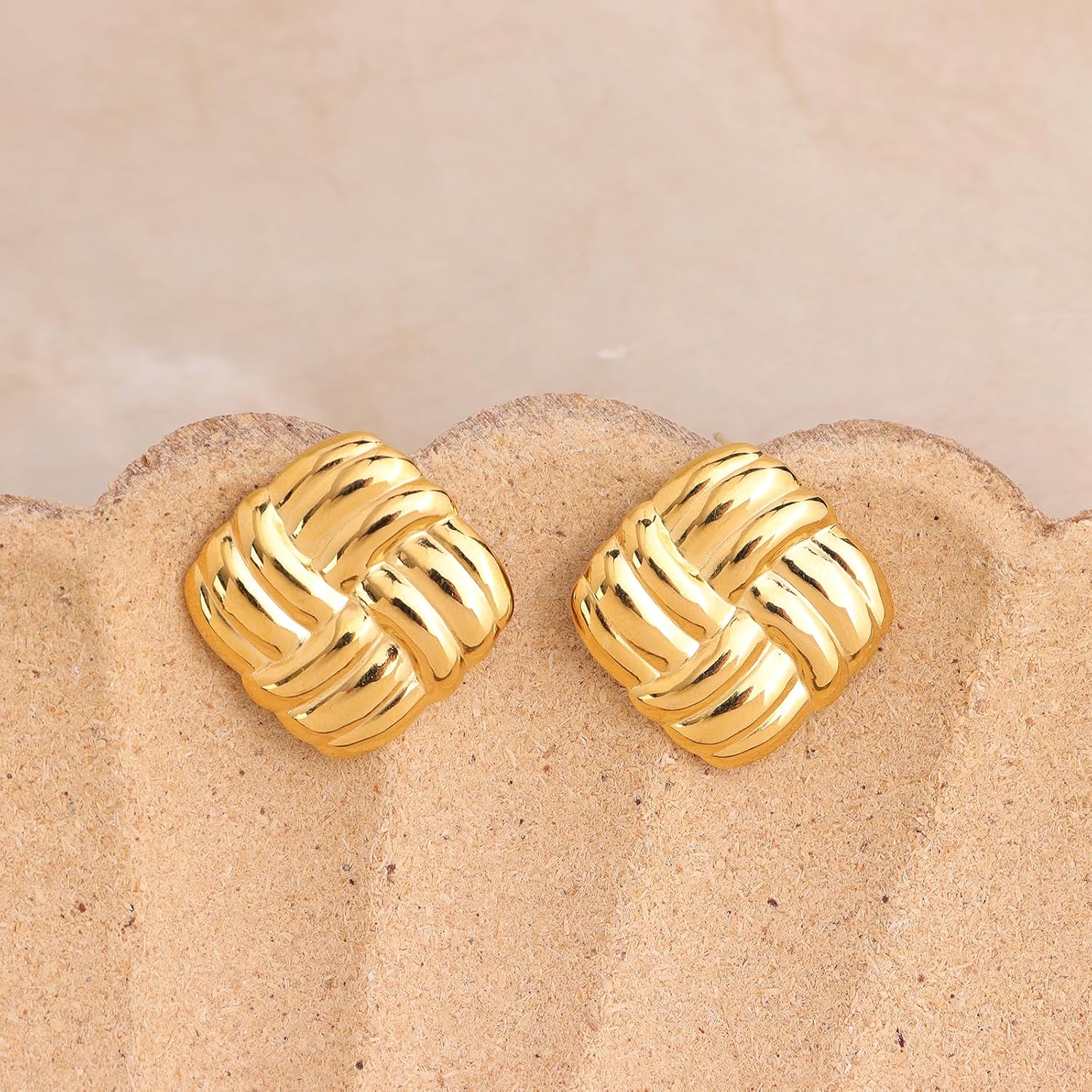 Chunky Gold Square Stud Earrings for Women, Trendy Statement Vintage Geometric Rectangle Textured Lightweight Hypoallergenic Earing Prom Fashion Jewelry Gift - Image 6