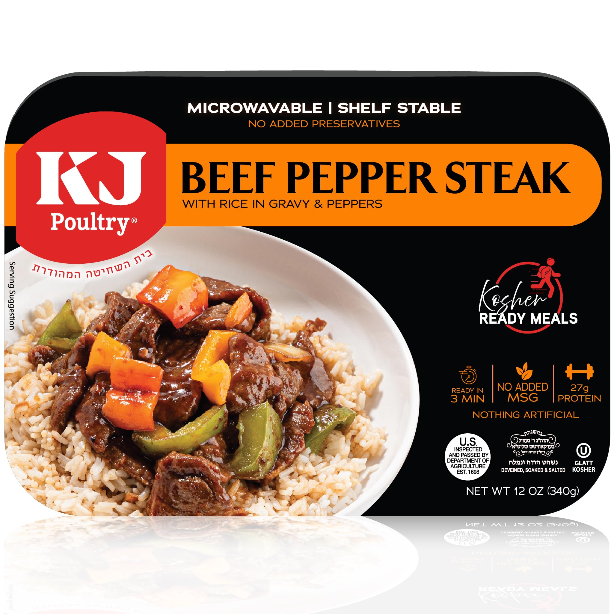 KJ Poultry Kosher Ready Meals - Beef Pepper Steak & Rice, MRE Meat Meals Ready to Eat (1 Pack) Prepared Entree Fully Cooked, Shelf Stable Microwave Dinner Travel, Military, Camping, Emergency Survival