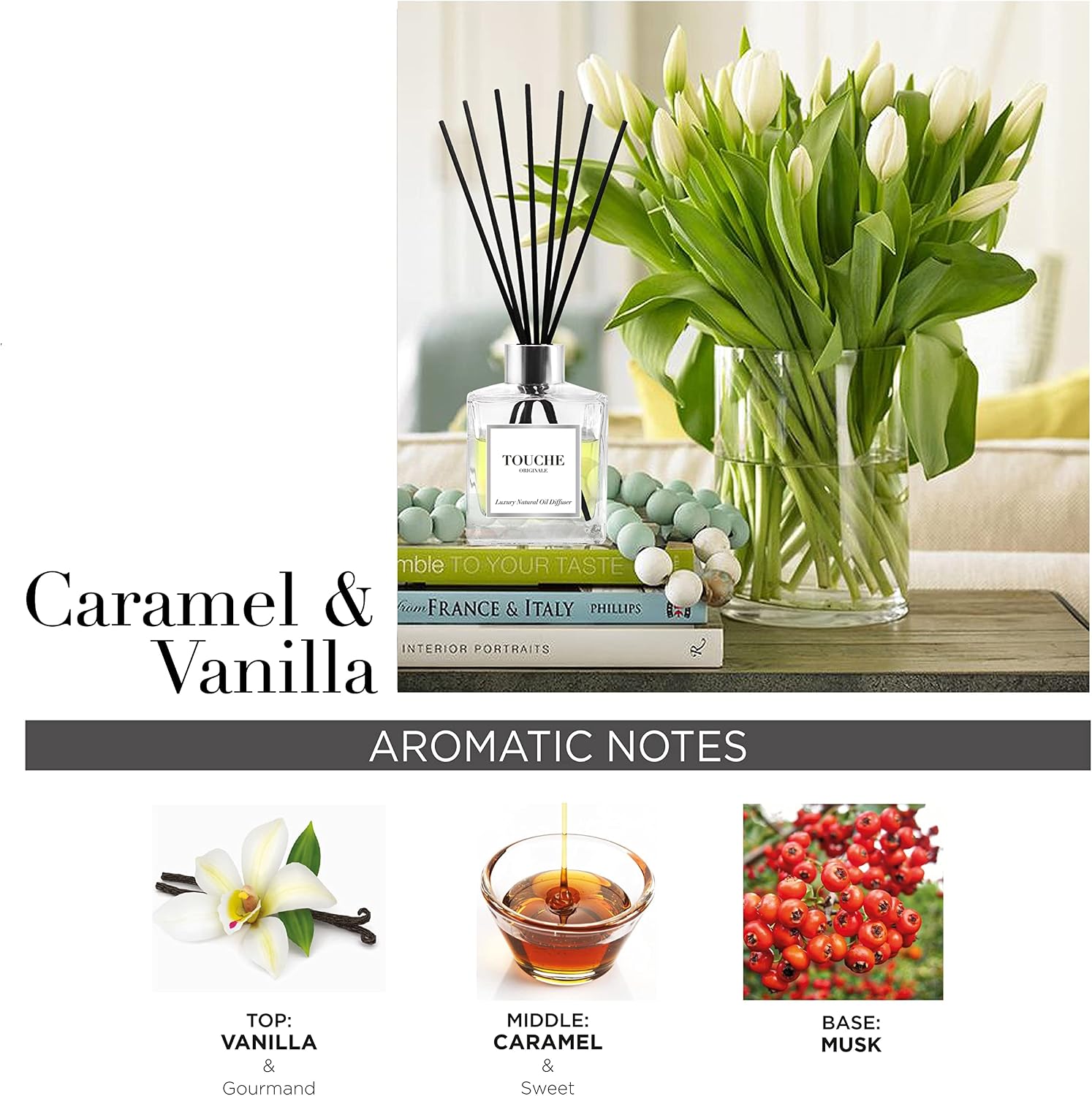Touche Luxury Natural Reed Diffuser. Long Lasting Scented Home Fragrance. Natural Essential Oil Alcohol-Free. 4.75 OZ. Glass Bottle (Vanilla & Caramel - Clear Bottle)