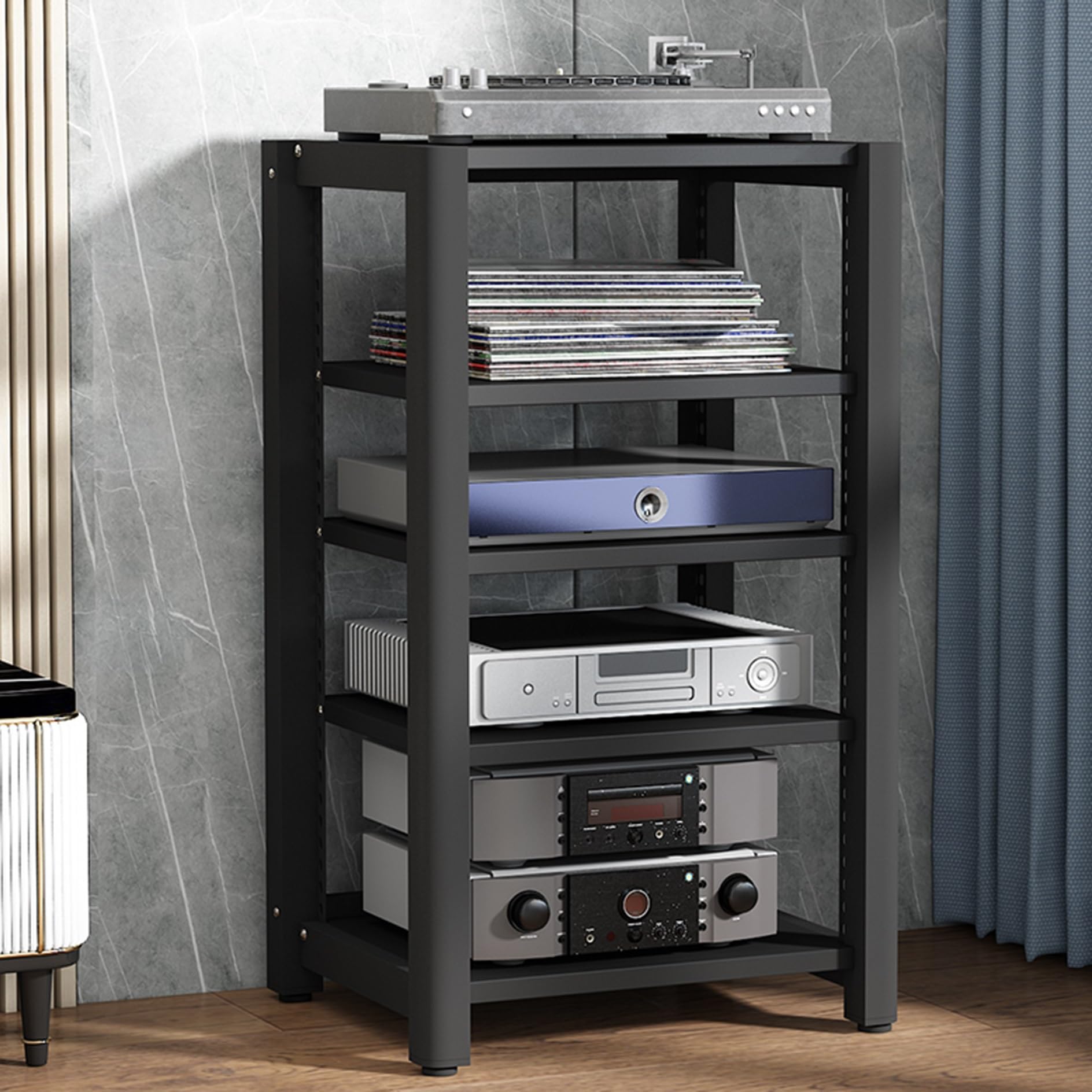 Stojak audio HiFi 2/3/4/5-poziomowa szafka do przechowywania gramofonów, płyt winylowych i odtwarzaczy Blu-ray, konsola multimedialna do przetwornika cyfrowo-analogowego i wzmacniaczy (czarna, 60 x 50