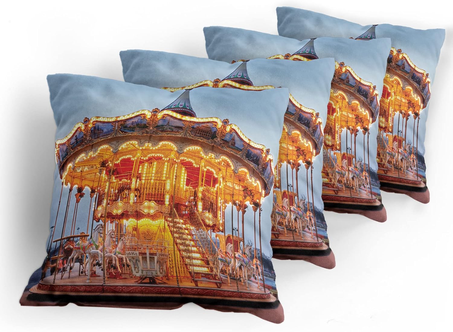 Ambesonne Carousel Decorative Throw Pillow Case Pack of 4, Photo of Vintage Ride on Fair with Horses at Twilight Fun Times Print, Cushion Cover for Couch Living Room Car, 20", Marigold Blue