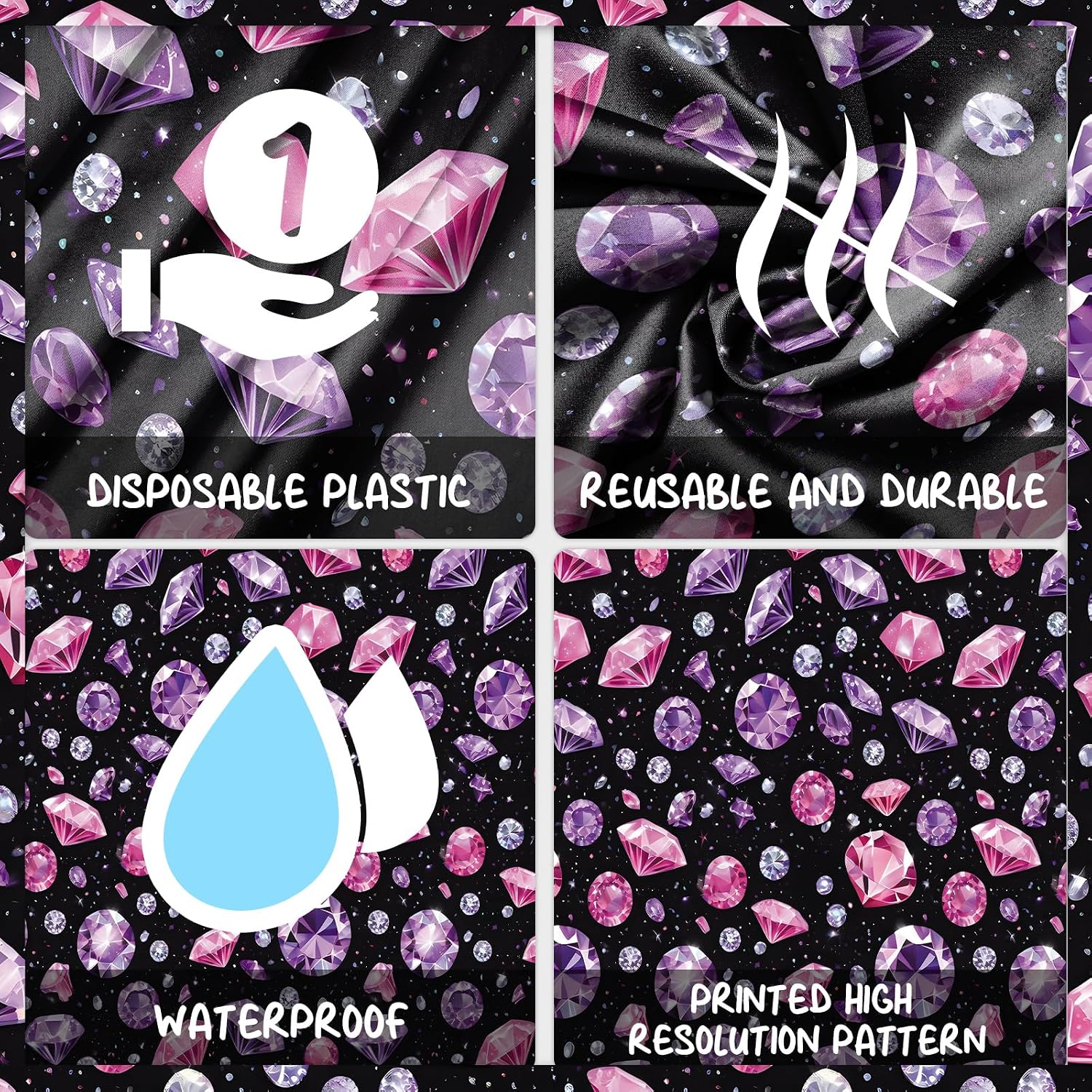 Diamond Tablecloths Crystal Gemstone Theme Table Cover Decorations Cheer to Happy Birthday Mother's Day Valentine's Day Anniversary Wedding Party Supplies 53 x 108 inches image 3