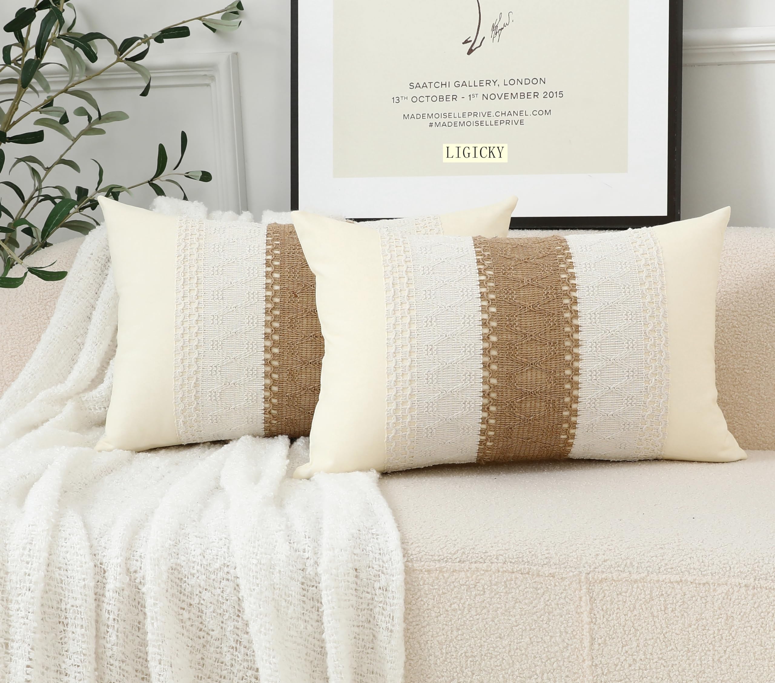 LIGICKY Set of 2 Boho Lumbar Throw Pillow Covers Linen Cotton Decorative Striped Woven Style Grid Stitching Soft Rectangle Cushion Cases for Sofa