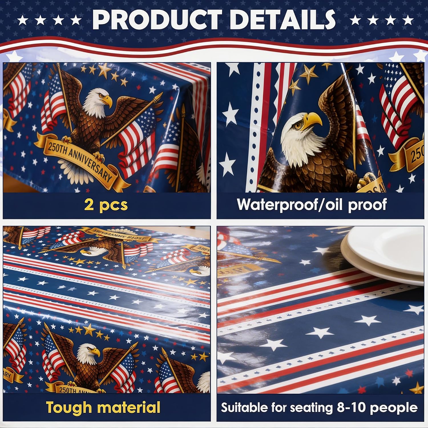 OHOME 250th Anniversary American Flag Tablecloth for 4th of July Decorations | 250 Anniversary USA Merchandise | Patriotic 1776-2026 Fourth of July Accessories for Home Outdoor Outside,2 Pack