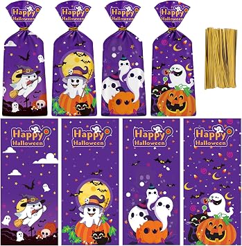 PADELO 60 Pcs Halloween Treat Bags - Cute Happy Halloween Candy Bags, Plastic Helloween Cellophane Goodie Gift Goody Bag with Golden Twist Ties for Helloween Themed Party Supplies Favors, 4 Styles
