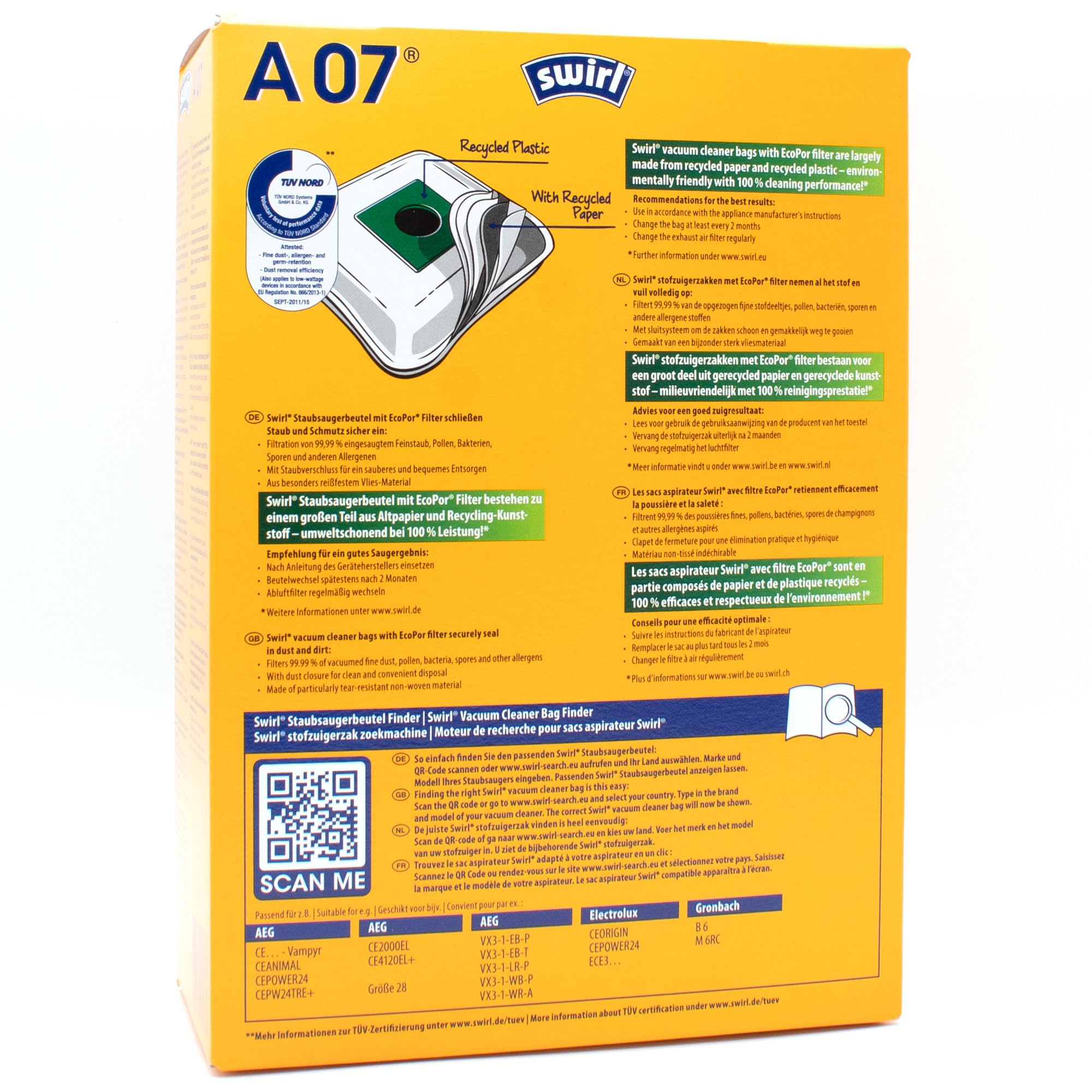 PakTrade 8 Sacs D'aspirateur + Billes Déodorantes Compatible avec Privileg 084 972, 101 393, 102 974, 104 432 | Compatible avec Swirl A07 - A 07 | 8 Sacs, Désodorisant, Accessoires, Pièces Détachées