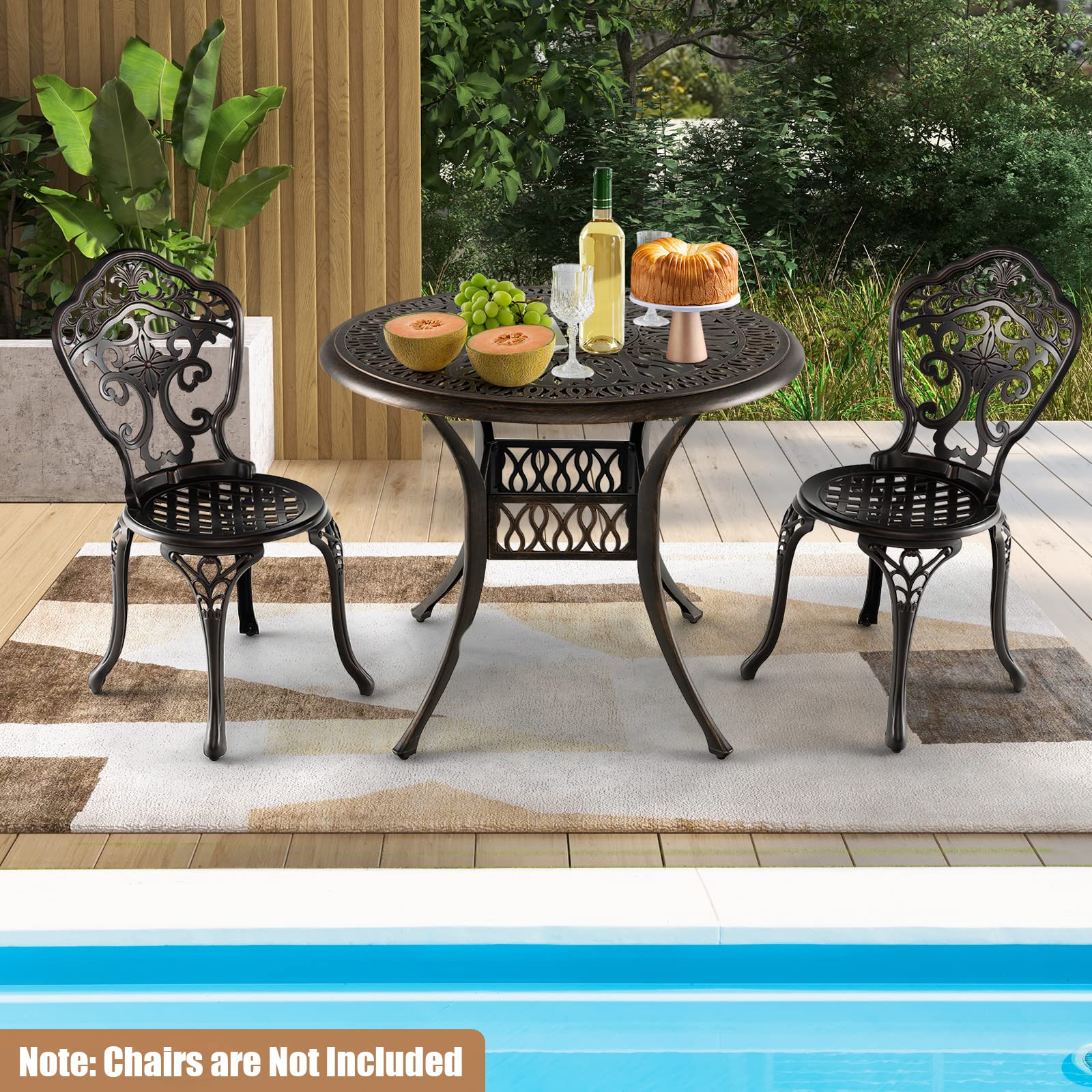 GIANTEX Table de Jardin Ronde Ø 90 cm, Table Bistro Ronde avec Trou de Parasol Ø 5 cm, Cadre en Aluminium Moulé, Pieds Réglables, Résistant aux Intempéries, Style Antique, Bronze
