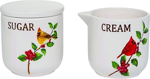 Set de Servidor de Azúcar y Crema de Cerámica de Navidad Vacaciones Decoración de Cocina Organizador Rojo y Amarillo Cardenales en Acebo Berry