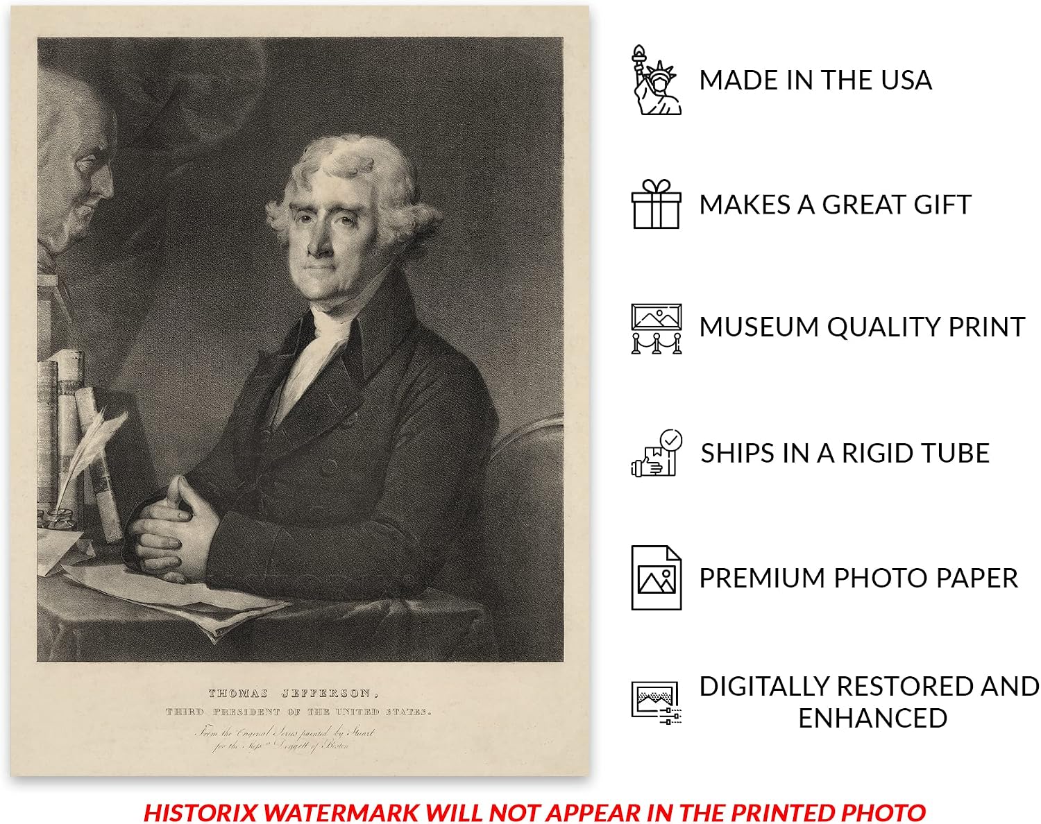 HISTORIX Vintage 1825 Thomas Jefferson Portrait Photo Print - 18x24 Inch Restored Photo of United States Third President Thomas Jefferson Wall Art