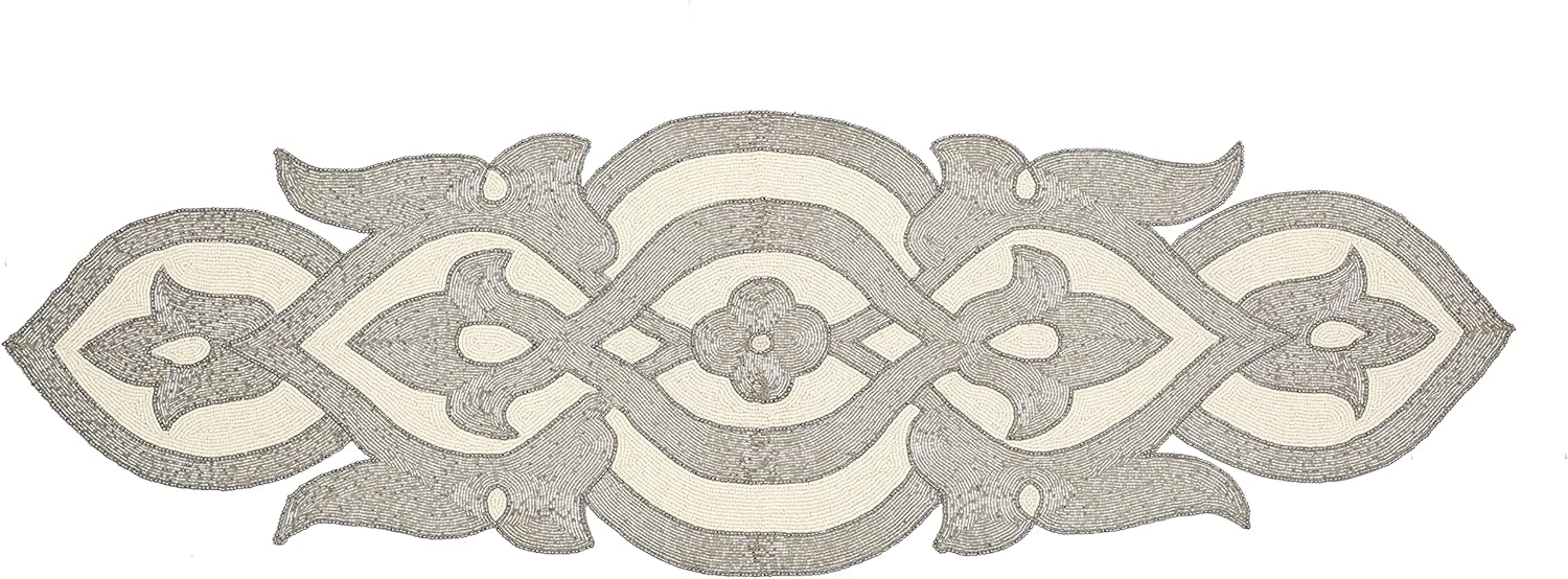 Featured Product Beaded Table Runner, Rustic Bridal Shower Beaded Table Runner, Beaded Christmas Table Runner - Hand Made by Skilled Artisans - A Beautiful Complement to Dinner Table Décor- 16x54 Inch - Silver Ivory